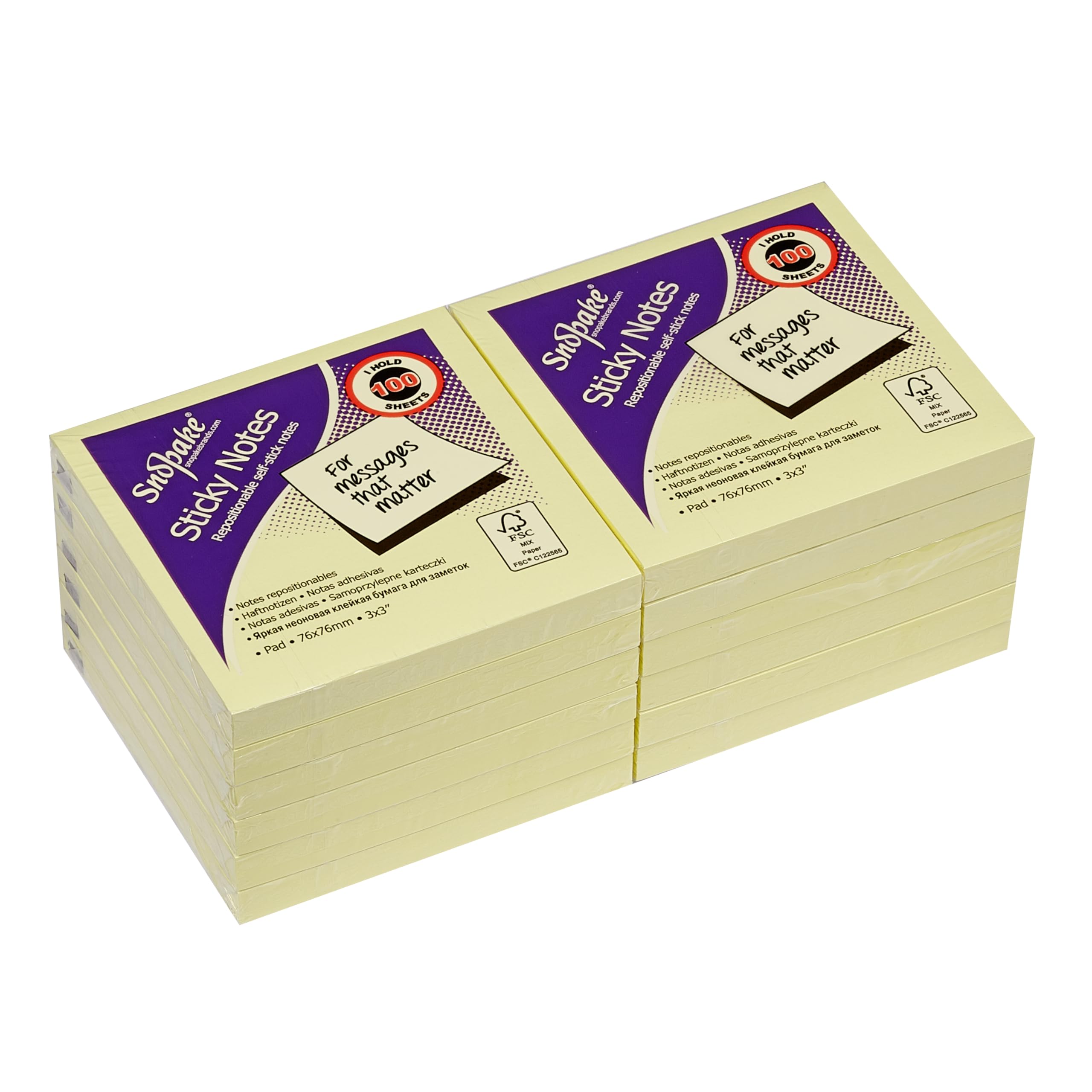 Snopake Yellow Self-Stick Notes - 76 x 76 mm | 12 Pads of 100 Sheets | Repositionable