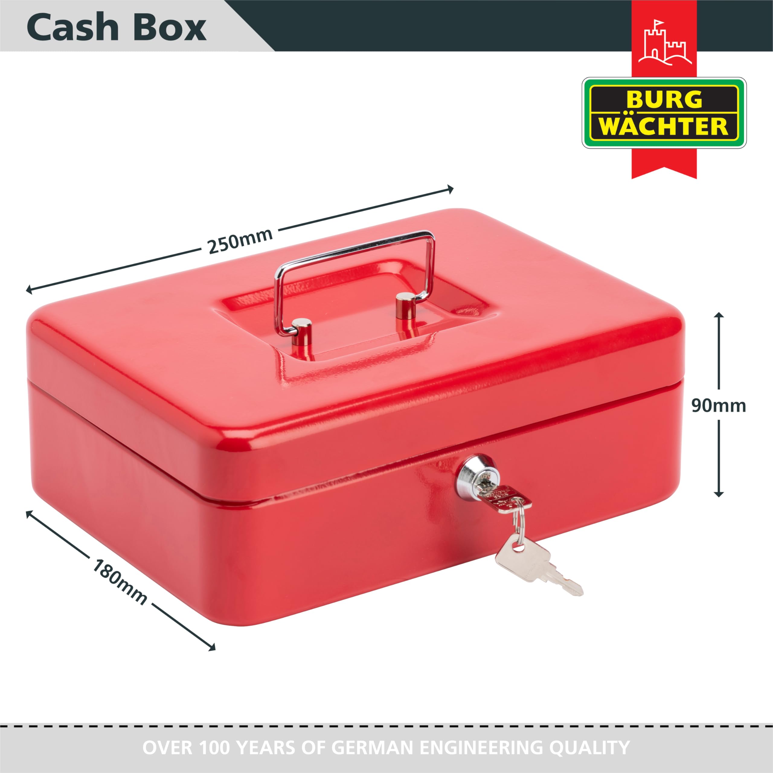 Burg-Wächter CB03R Cash Box - 10' Size | Key Lock | Red Metal Construction 7