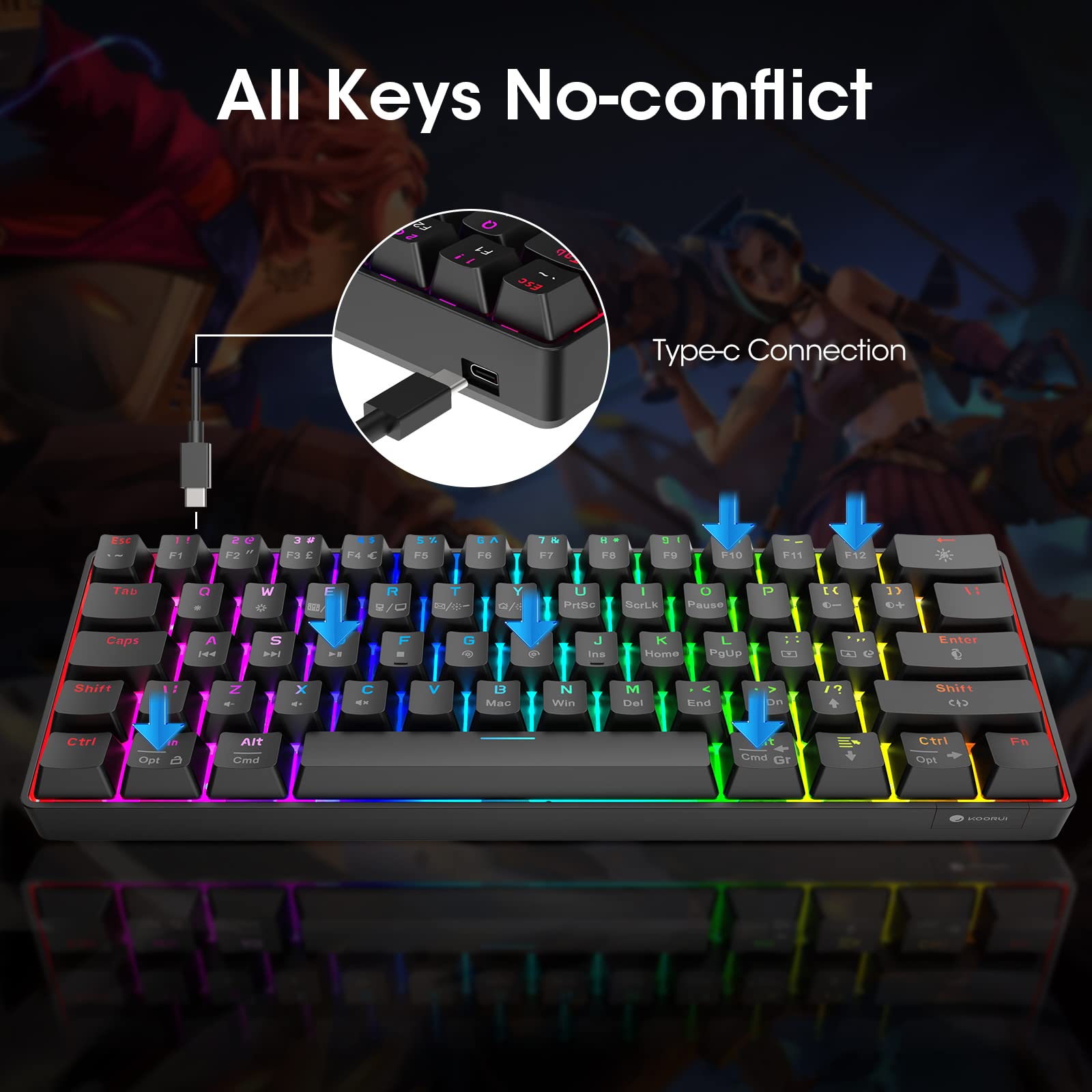 KOORUI MK061 60% Mechanical Gaming Keyboard - Red Switch, RGB Backlit, Hot-Swappable, Wired Compact Keyboard for PC & Mac 9