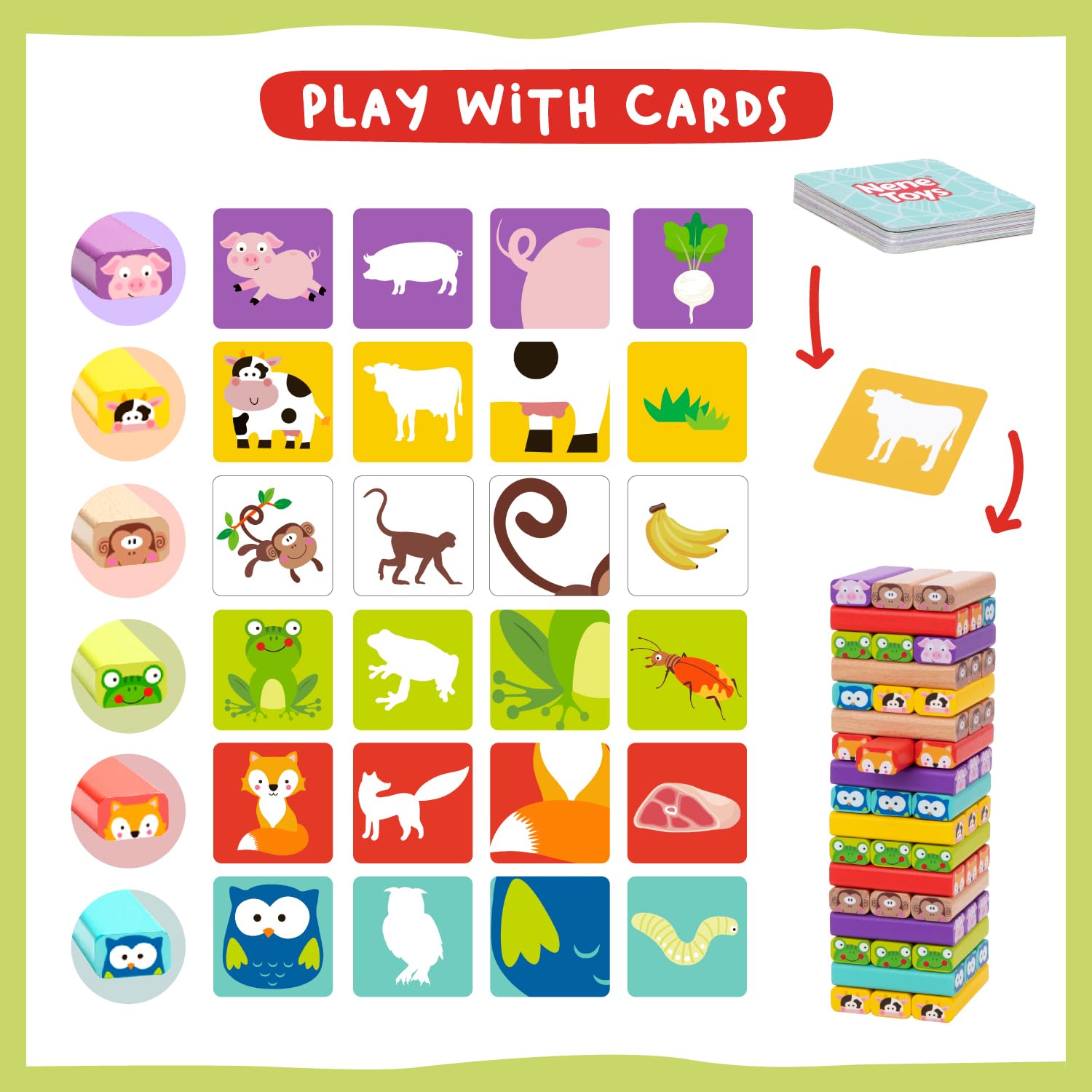Nene Toys 4-in-1 Wooden Tumble Tower Game with Animals & Colors - Family Board Game 2