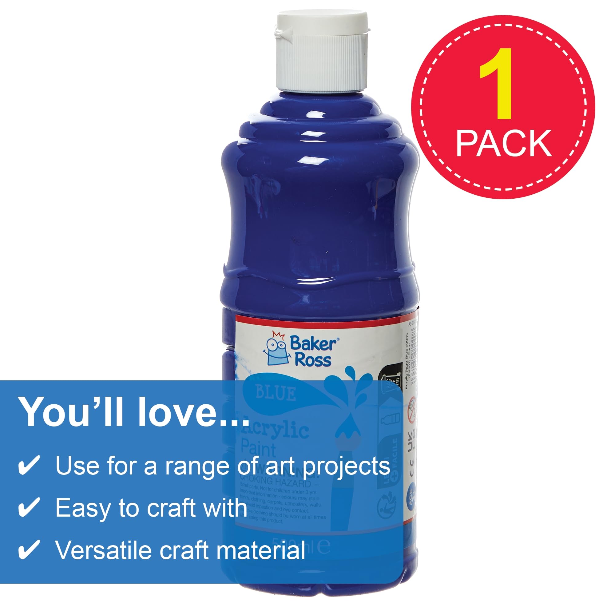 Baker Ross Blue Acrylic Paint - Water-Based Washable Formula | 500ml Bottle 2