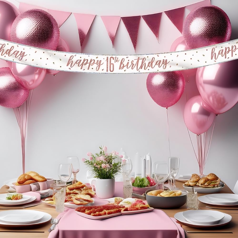 Unique Party Rose Gold Happy 16th Birthday Glitz Foil Banner - 274cm | Plastic 4