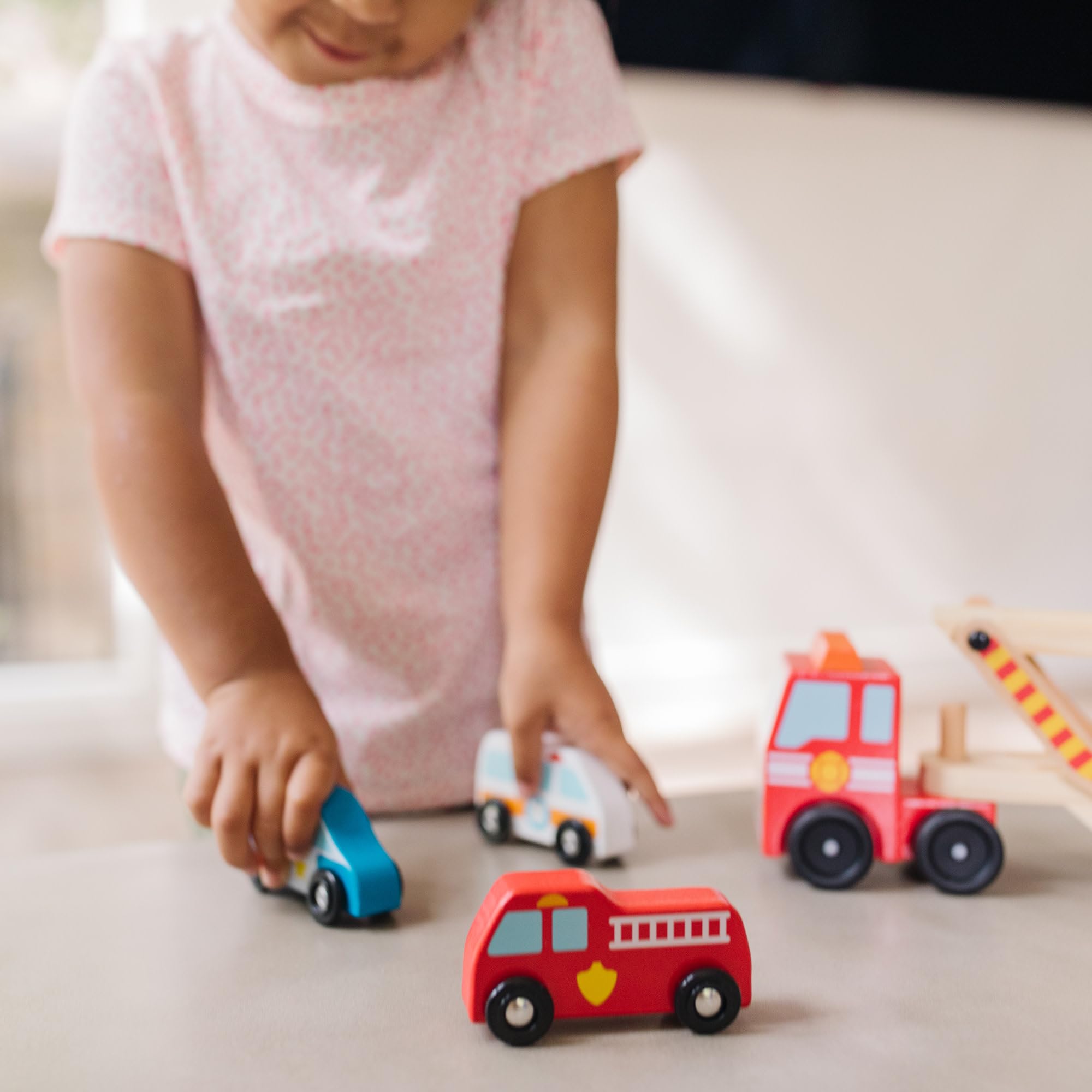 Melissa & Doug Wooden Emergency Vehicle Carrier Toy with 4 Magnetic Vehicles | Ages 3+ 7