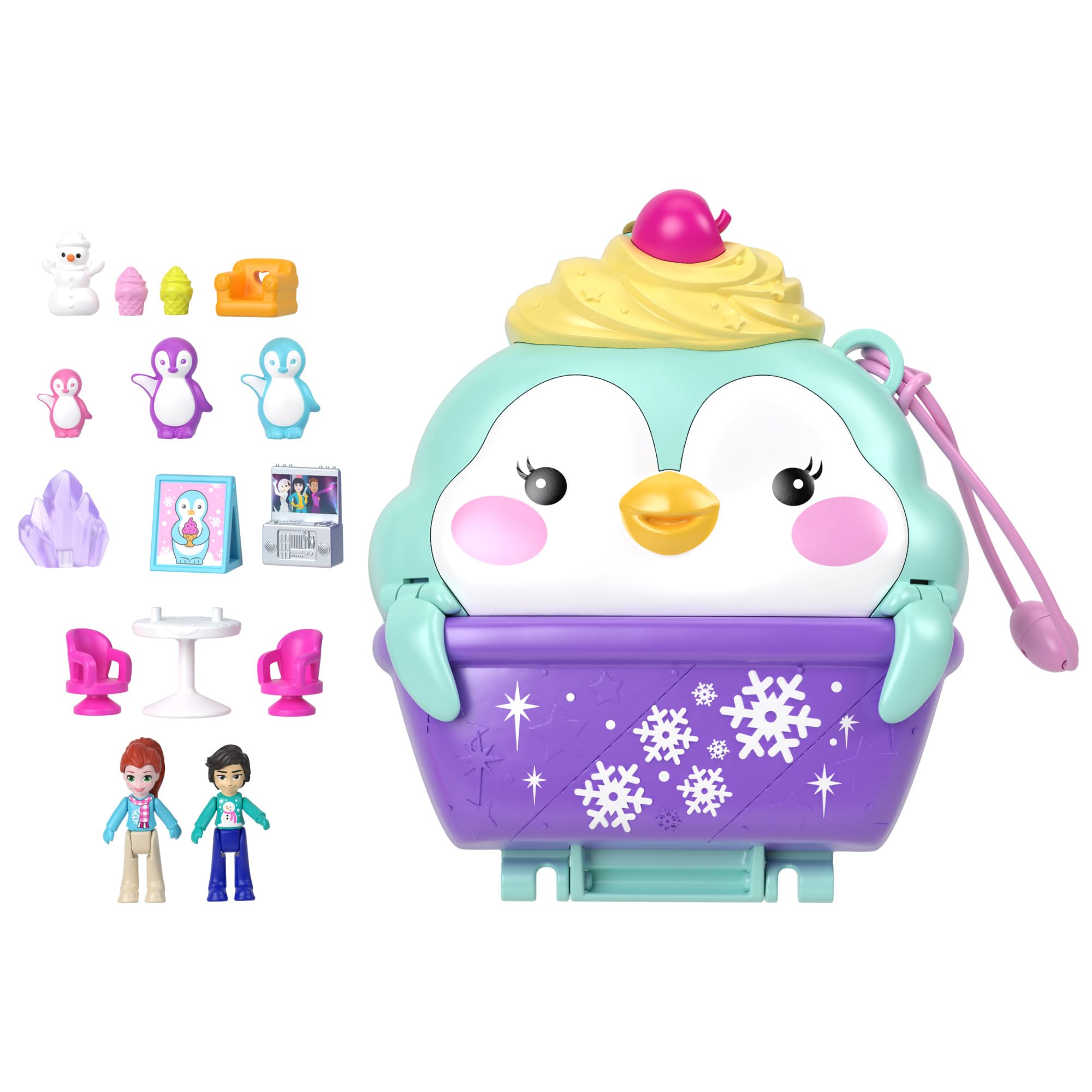 Polly Pocket Schneesüßer Pinguin, kompaktes Spielset – 13 Zubehörteile und 6 Funktionen zum Geschichtenerzählen, ab 4 Jahren