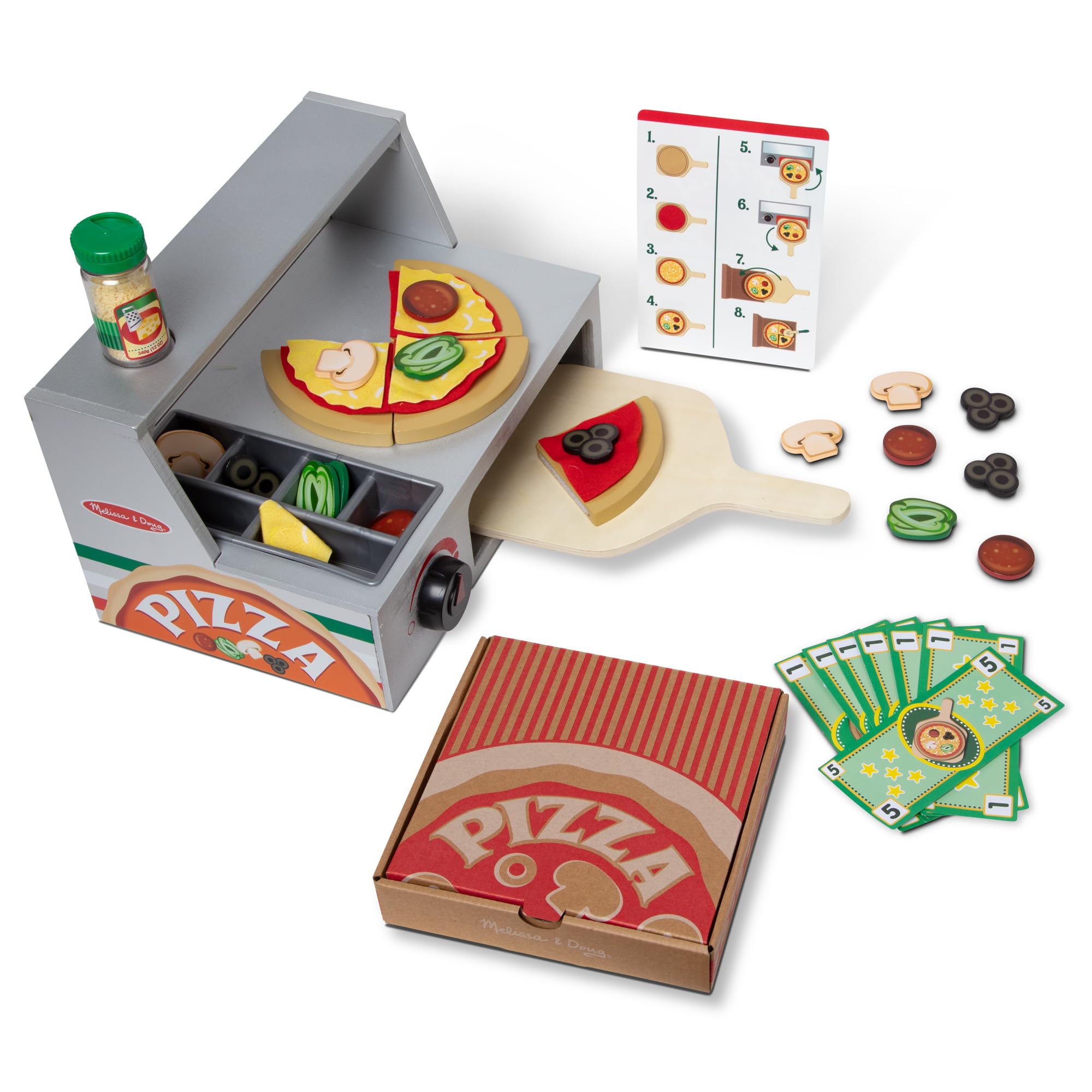 Melissa & Doug Wooden Play Food Set - 34 Piece Pizza Shop Counter & Kitchen Accessories for Ages 3+