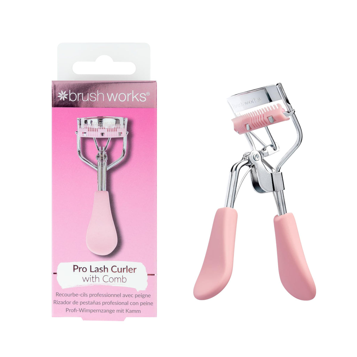 Brushworks Pro Lash Curler - Built-In Comb for Defined Lashes | Stainless Steel | Pink & Silver