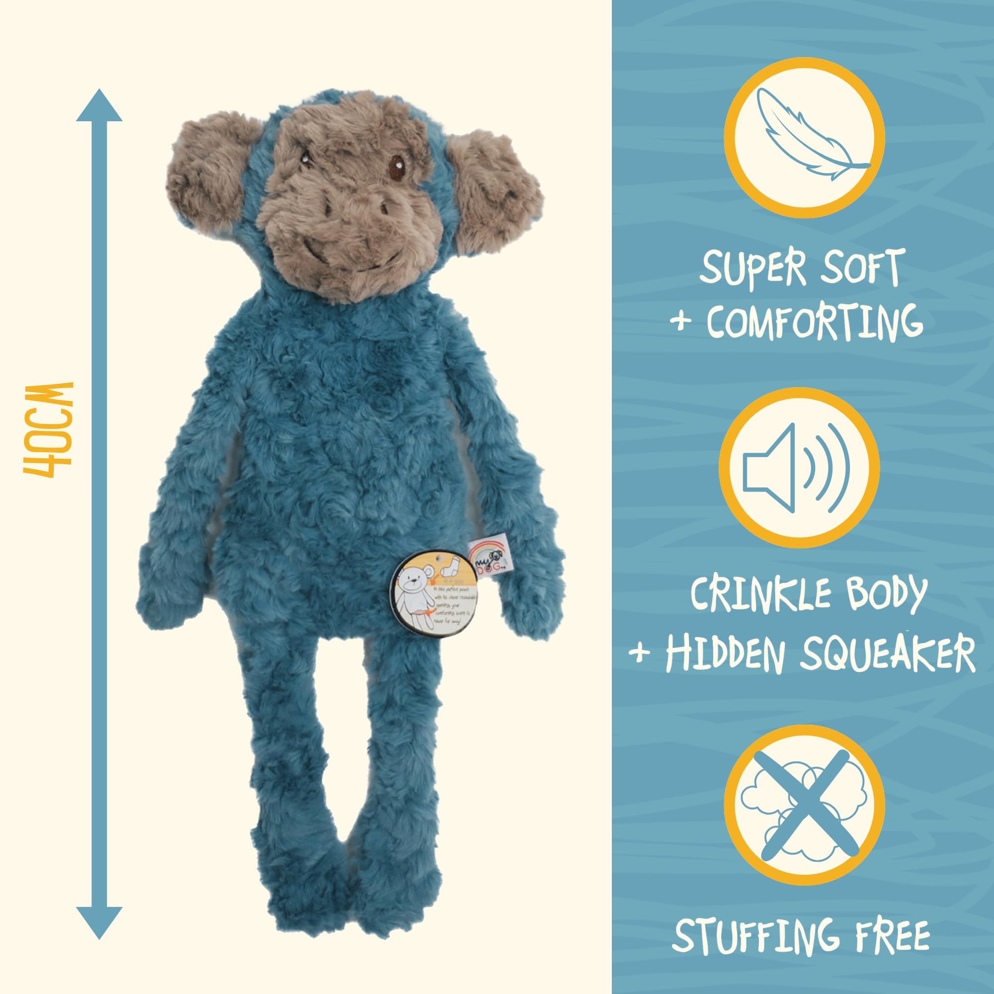 Rosewood MyDog Luxury Plush Monkey Toy - Stuff-Free Comforting & Calming Dog Toy, 40cm 4