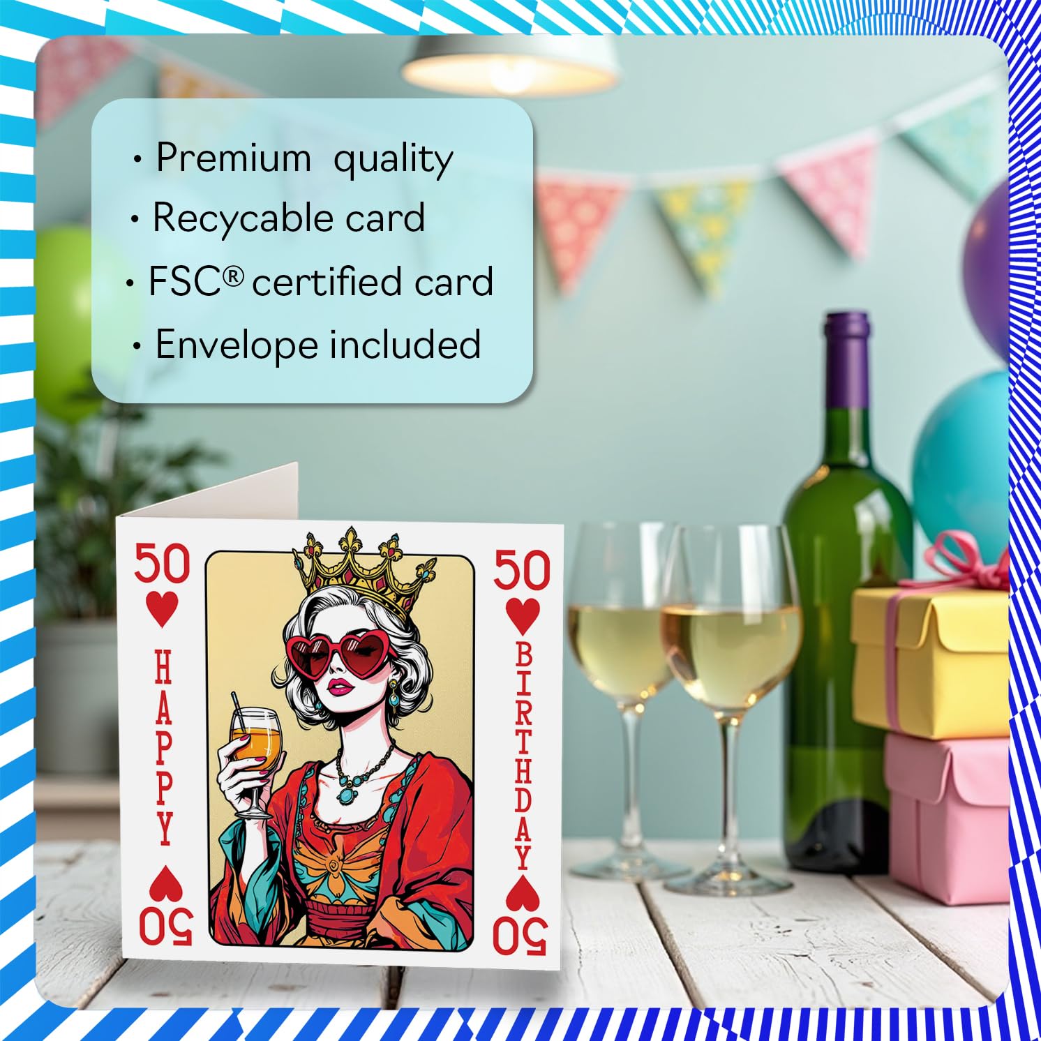 Stuff4 50th Birthday Card for Women - Queen Playing Card Design | 145mm Square 3