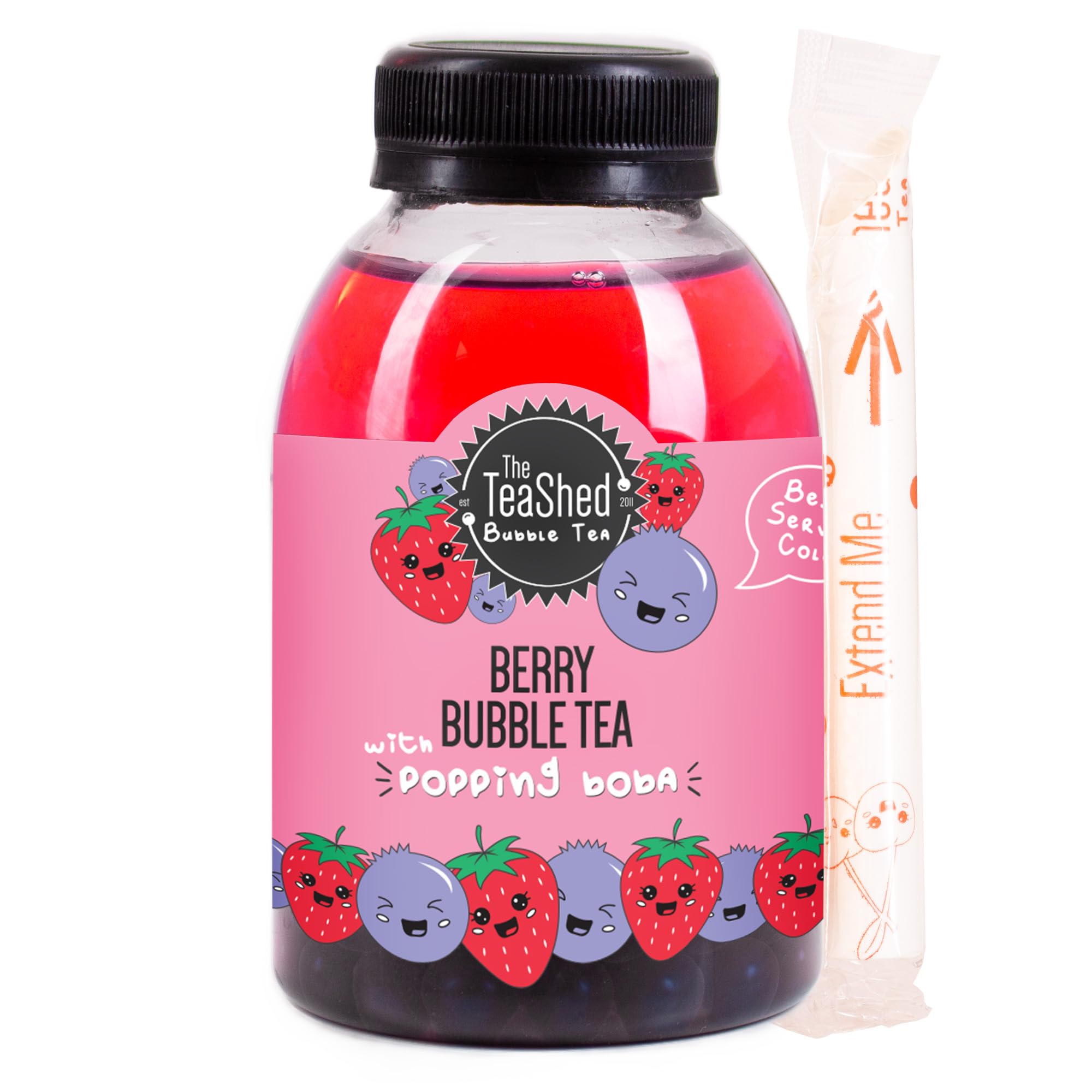 The TeaShed Ready to Drink Berry Bubble Tea - Strawberry Iced Tea with Blueberry Popping Boba