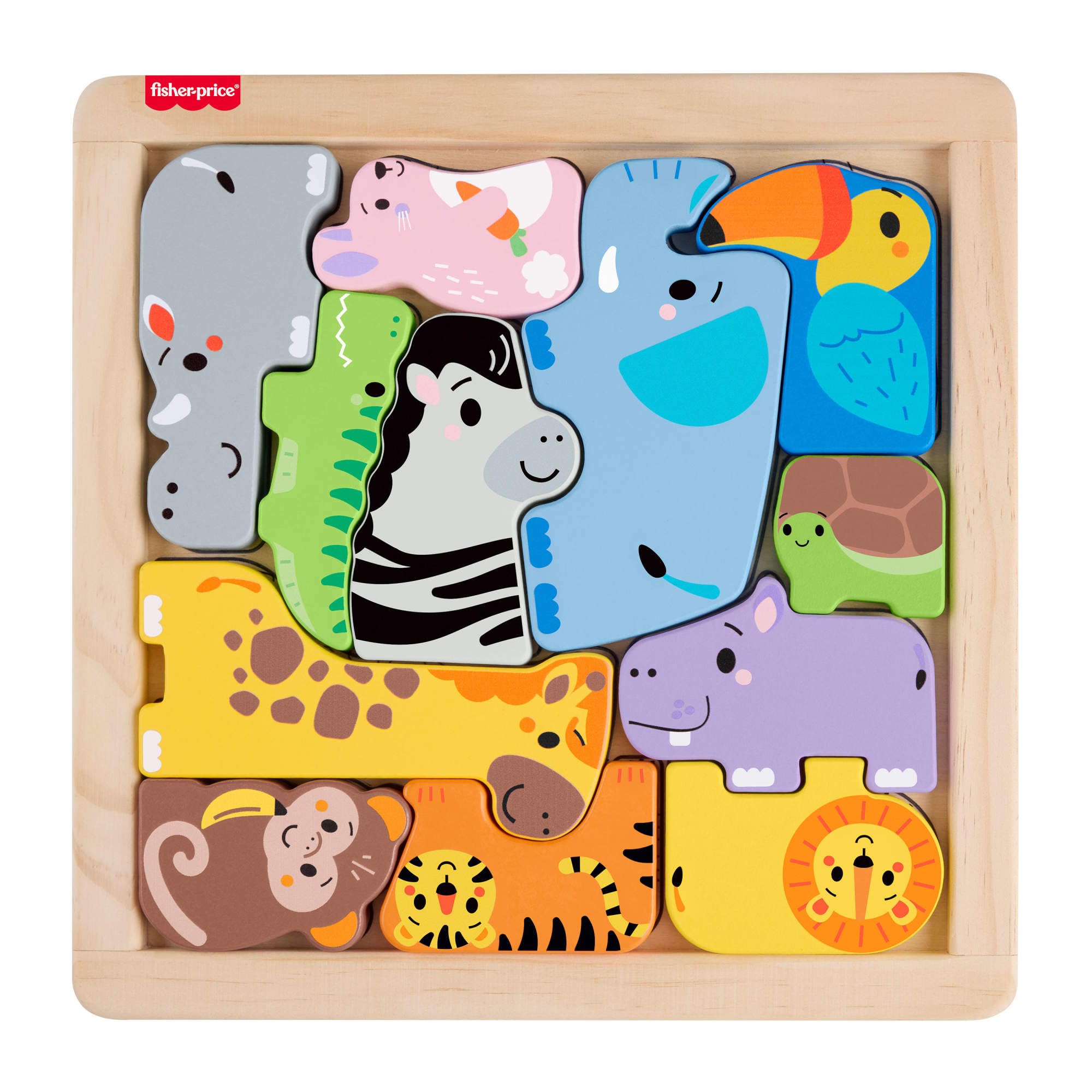 Fisher-Price Wooden Animal Puzzle - 13-Piece Shape-Sorting Activity Toy for Toddlers 2+ 3