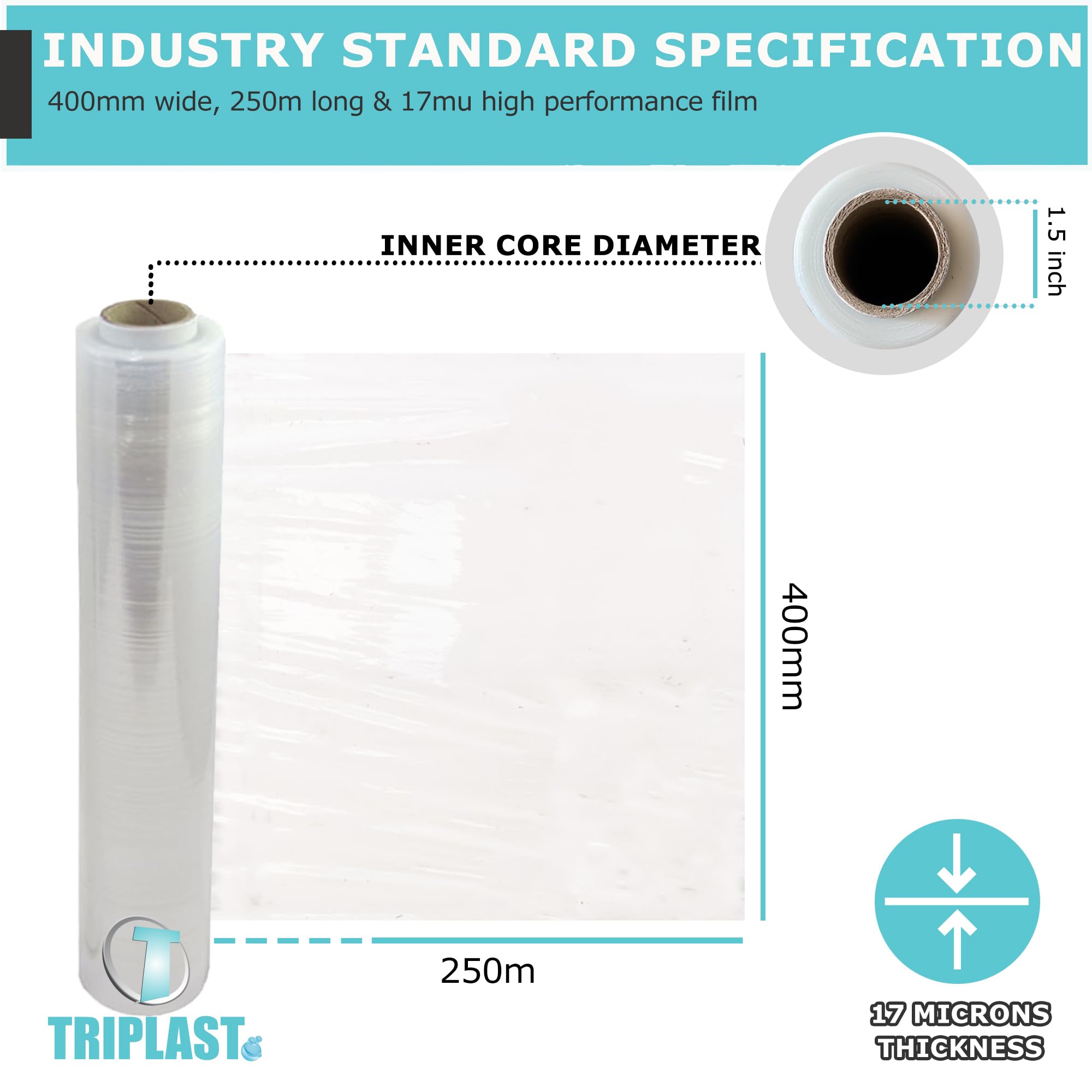 Triplast Pallet Stretch Wrap Roll - Industrial Strength 17mu, 400mm x 250m, Clear, 2 Pack