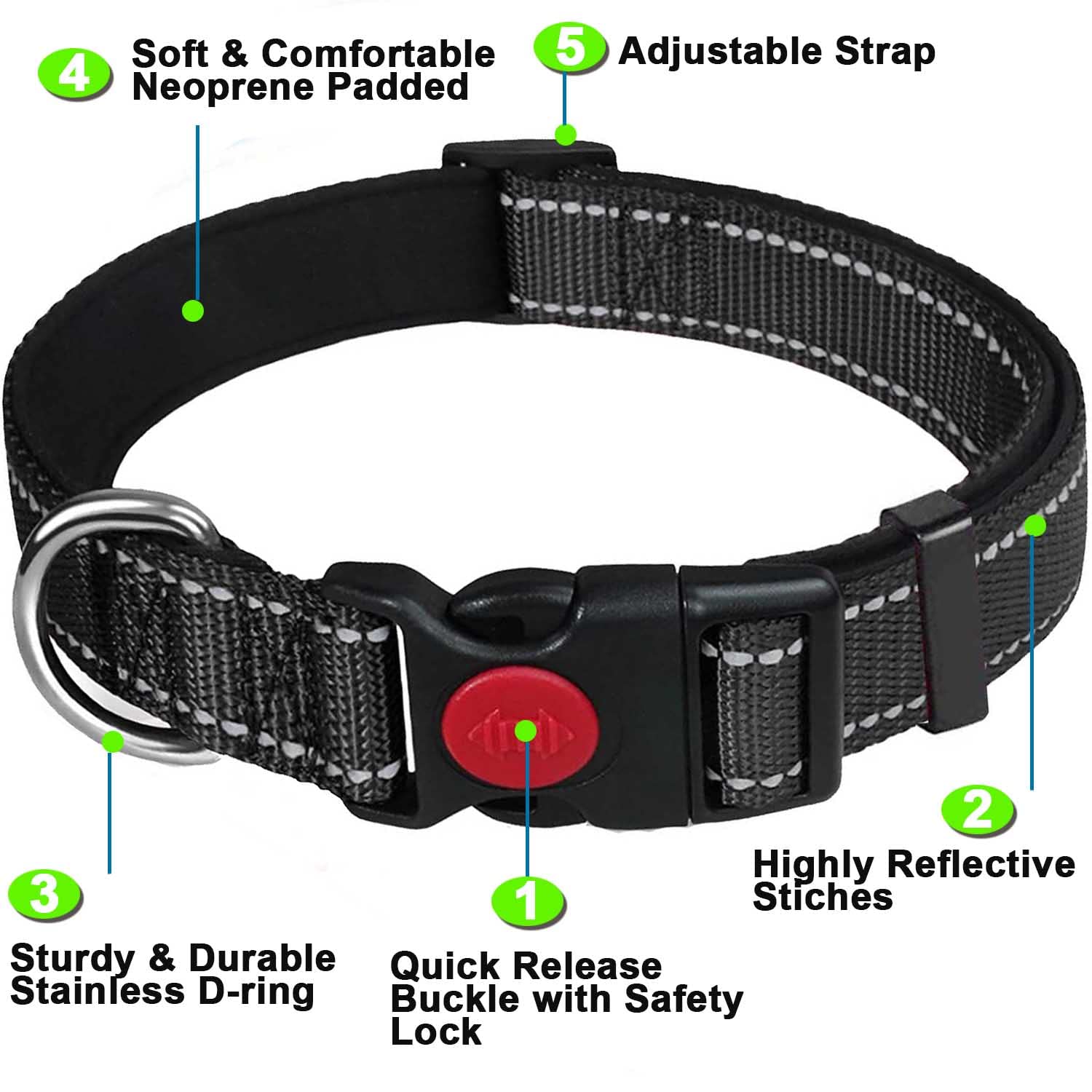 ATETEO Reflective Adjustable Dog Collar with Neoprene Padding | Black, Size S (9-14.2 inch) 2