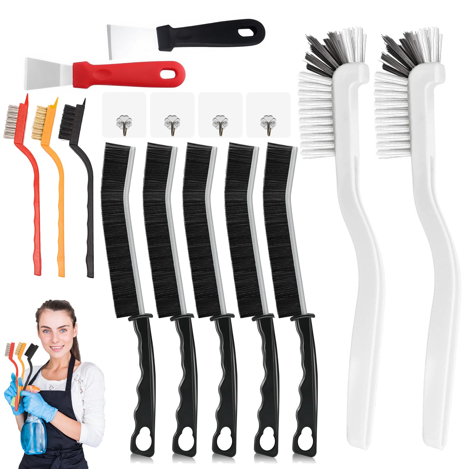Woobroo 16-in-1 Crevice Cleaning Brush Set - Hard Bristle Grout Cleaner & Spatula Tool 1