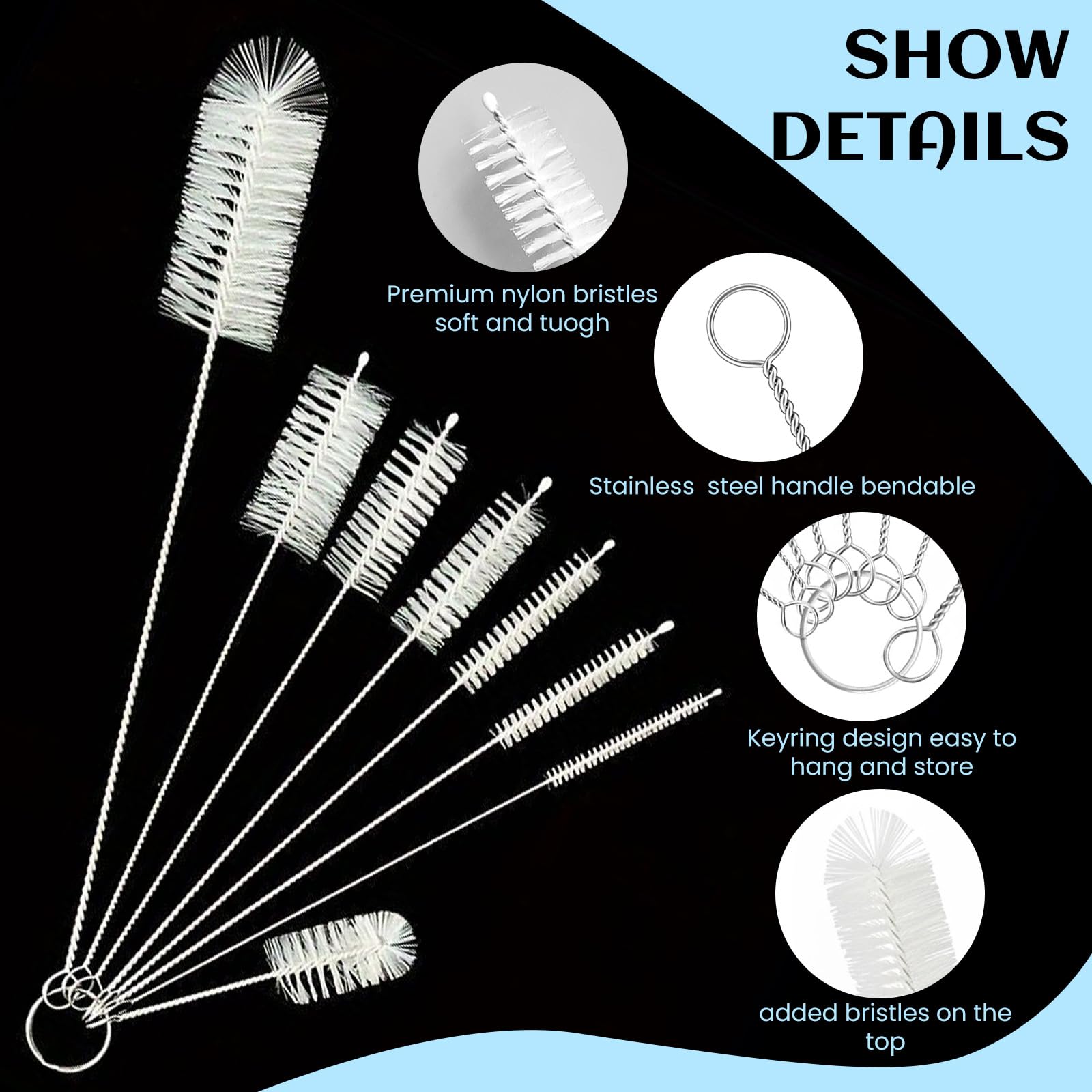Admygo 8-Piece Small Bottle Brush Set - Nylon Bristles, Flexible Wire, Multipurpose Cleaning 4