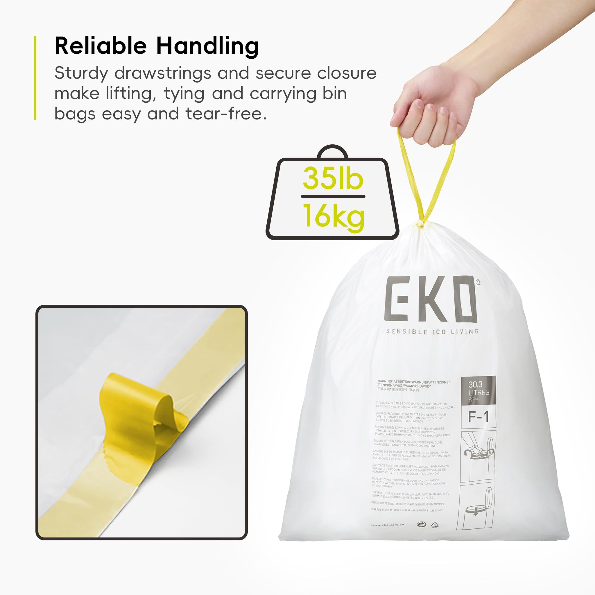 EKO 18-30L Drawstring Bin Bags - Heavy Duty, Leakproof, Unscented | 20 Count White 4
