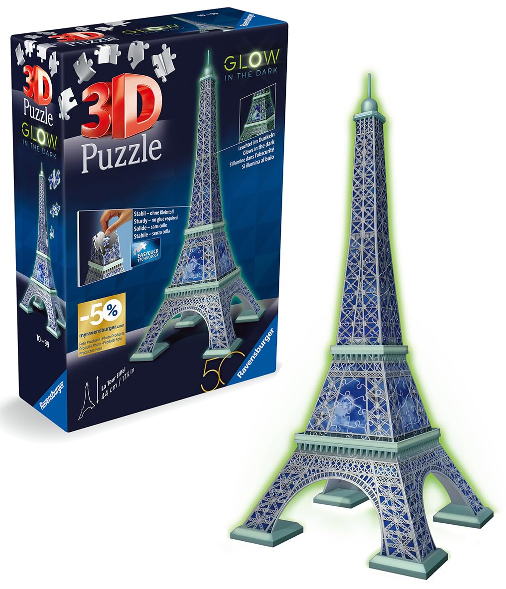 Ravensburger Glow in the Dark Eiffel Tower 3D Jigsaw Puzzle - 216-Piece Building Set for Kids & Adults