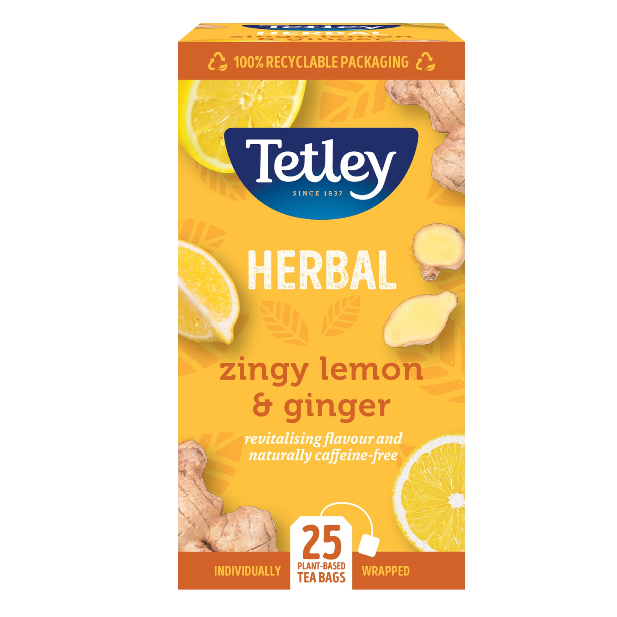 Tetley Zingy Lemon & Ginger Herbal Tea Bags - Naturally Caffeine-Free | 25 Count 1