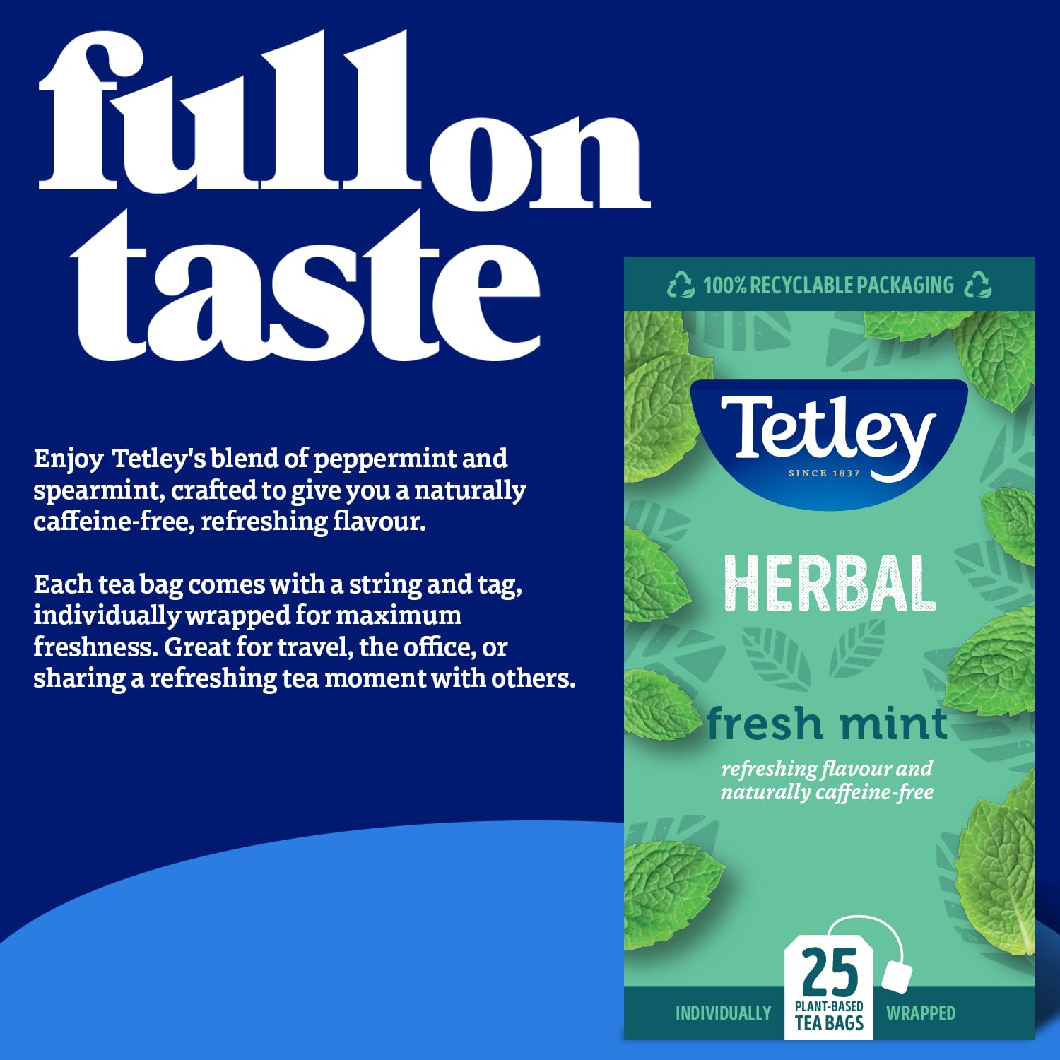 Tetley Fresh Mint Herbal Tea Bags - Peppermint & Spearmint Blend | Caffeine-Free | 6 x 25 Count (150 Bags Total) 6