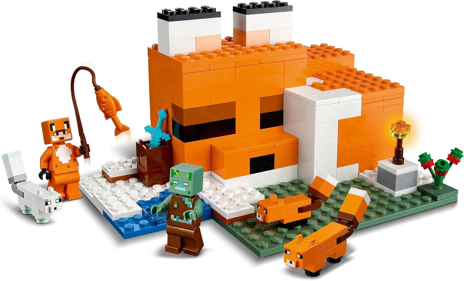 LEGO 21178 Minecraft – Das Fuchshaus – Fuchsförmiges Haus mit ertrunkenen Zombie- und Fuchsfiguren für Kinder ab 8 Jahren