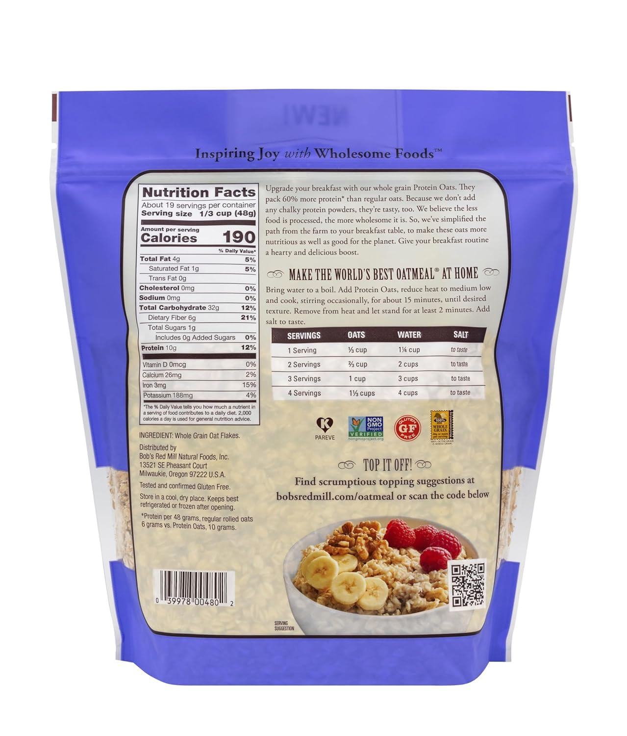 Bob's Red Mill Glutenfreie Protein-Haferflocken, 907 g – 10 g Protein pro Portion, gentechnikfrei, Vollkorn-Haferflocken