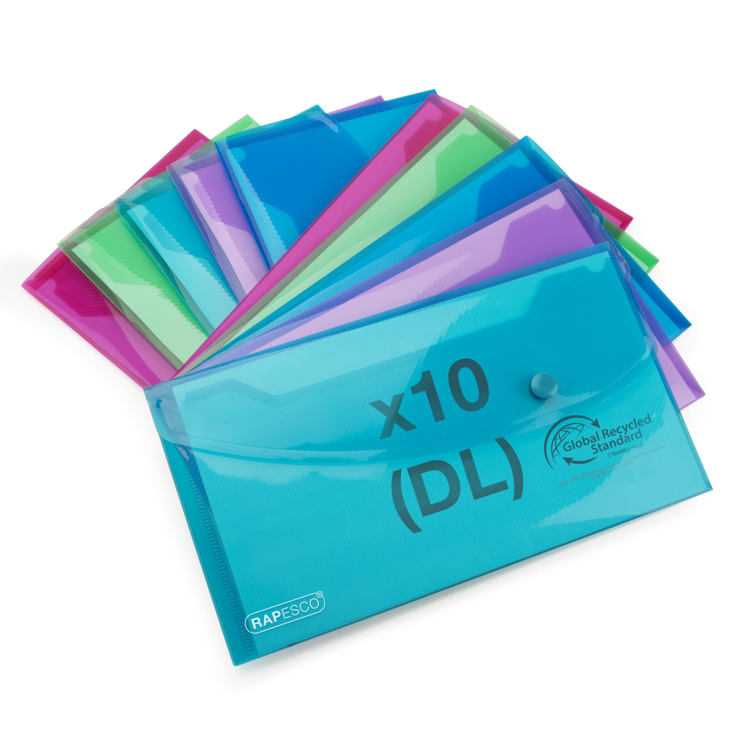 RAPESCO 1844 ECO Recycled Popper Wallets - DL Size, Assorted Bright Transparent, Pack of 10