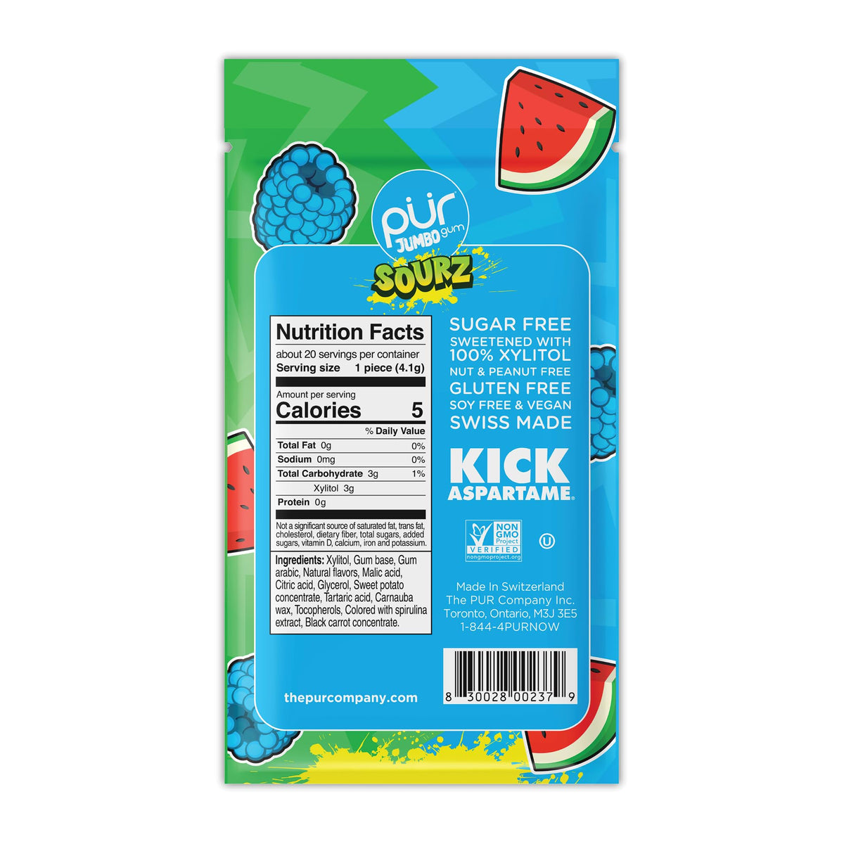 PUR Jumbo SOURZ Gum - Sugar Free, Aspartame Free - Blue Raspberry & Watermelon, 20 Count Pack of 2