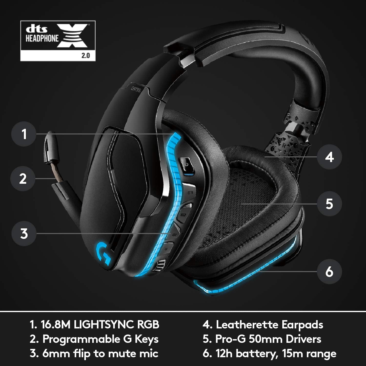 Logitech G935 Wireless Gaming Headset with 7.1 Surround Sound, DTS Headphone:X 2.0, LIGHTSYNC RGB, 50 mm Pro-G Drivers, 6 mm Mic 15