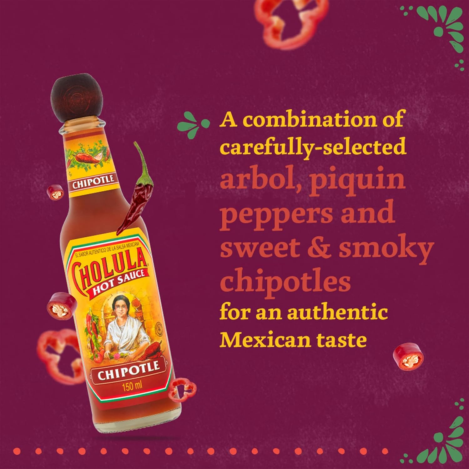 Cholula Hot Sauce Chipotle 150 ML, Pack of 2 - Smoky Mexican-Style Hot Sauce with Chipotle & Guajillo Chillies