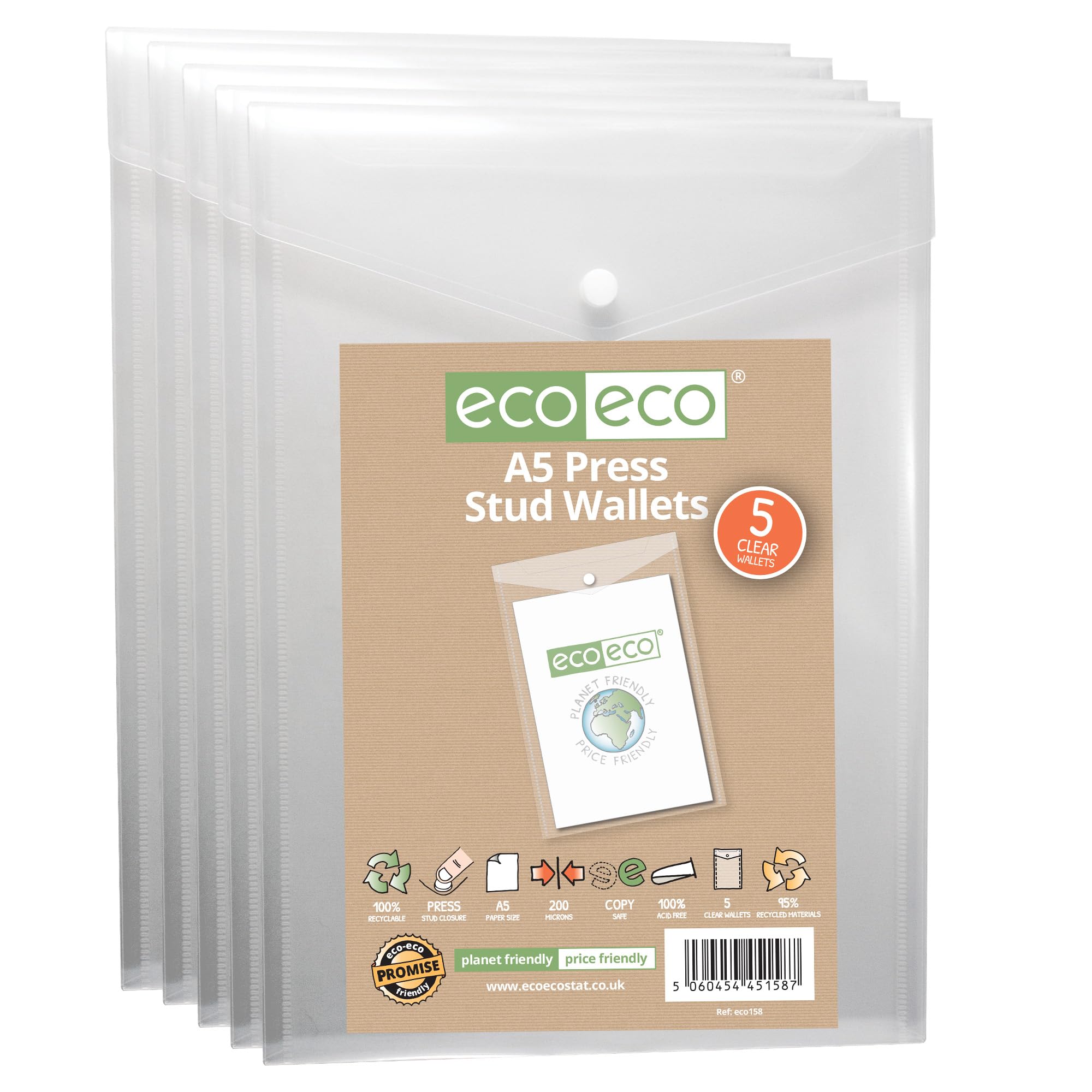 eco-eco A5 Portrait File Wallets | 5 Pack Clear | 200 Micron Strength | Press Stud Closure