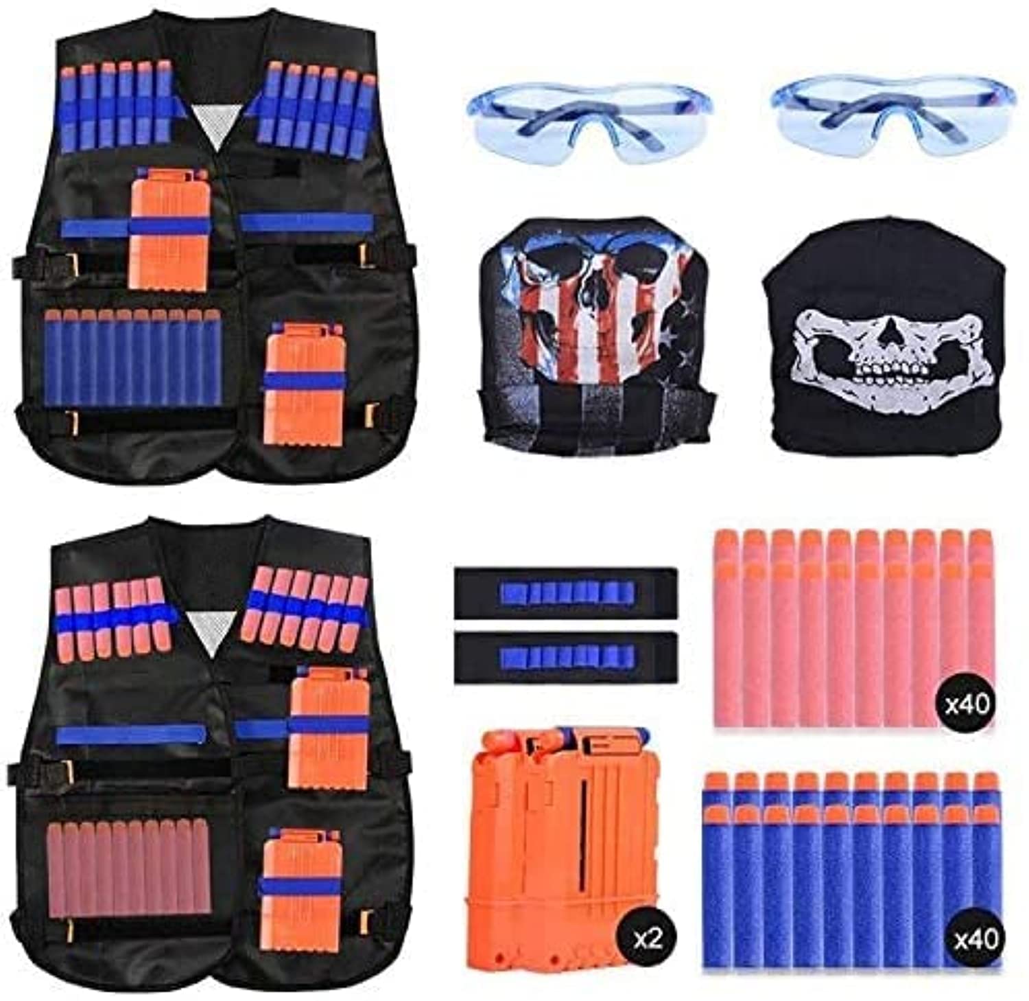 EXTSUD Kids Tactical Vest Set (2 Pack) with 80 Refill Darts, 2 Masks, 2 Glasses, 2 Clips, 2 Wrist Bands