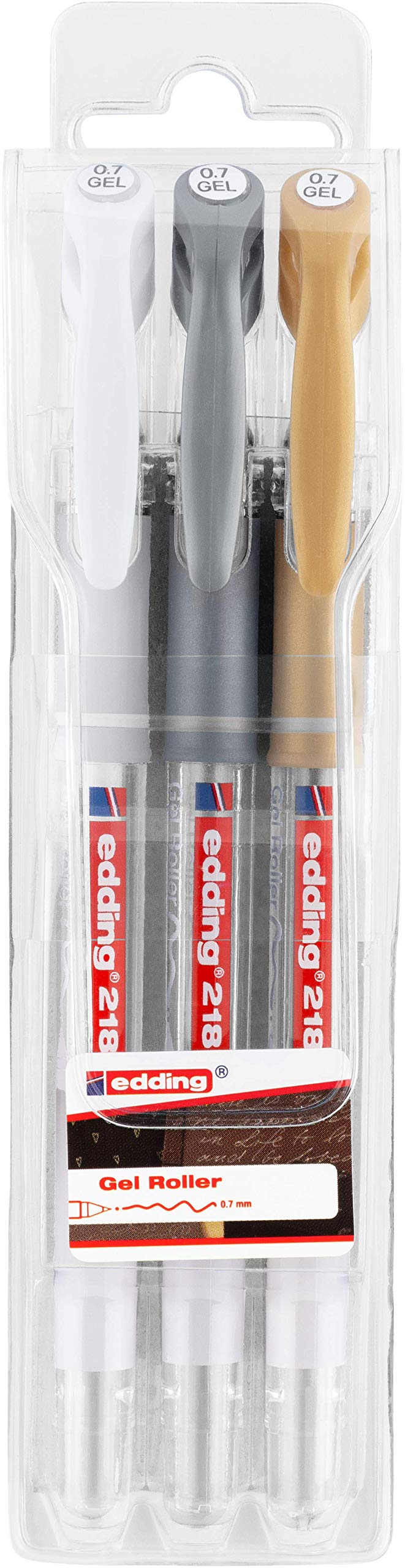 edding Gel Rollerball Pens - Metallic Set (White, Gold, Silver) | 0.7mm Fine Tip | 3 Pack
