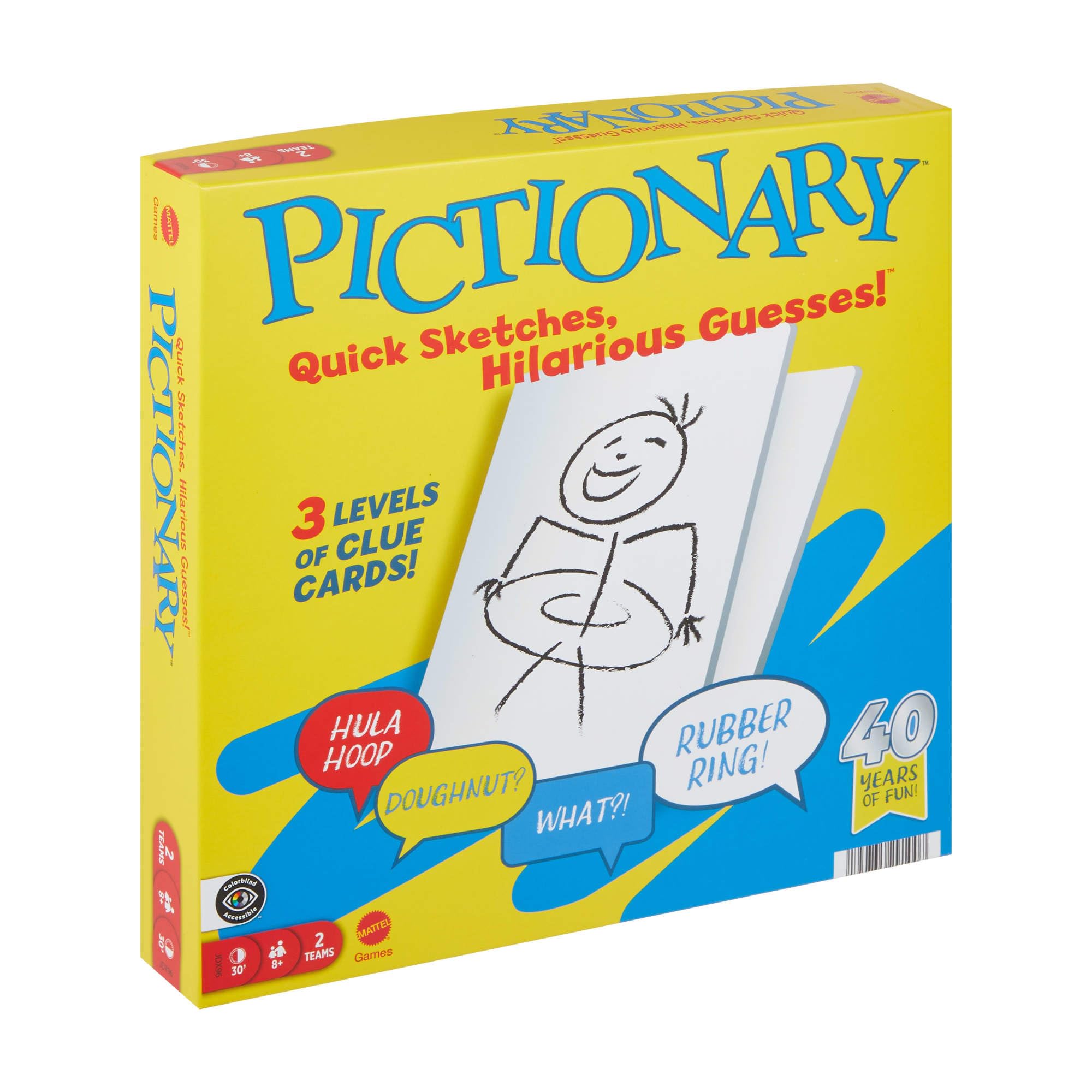 Mattel Games Pictionary Familien-Brettspiel für Kinder und Erwachsene mit löschbaren Markern, Brettern, Sanduhr, JDX96