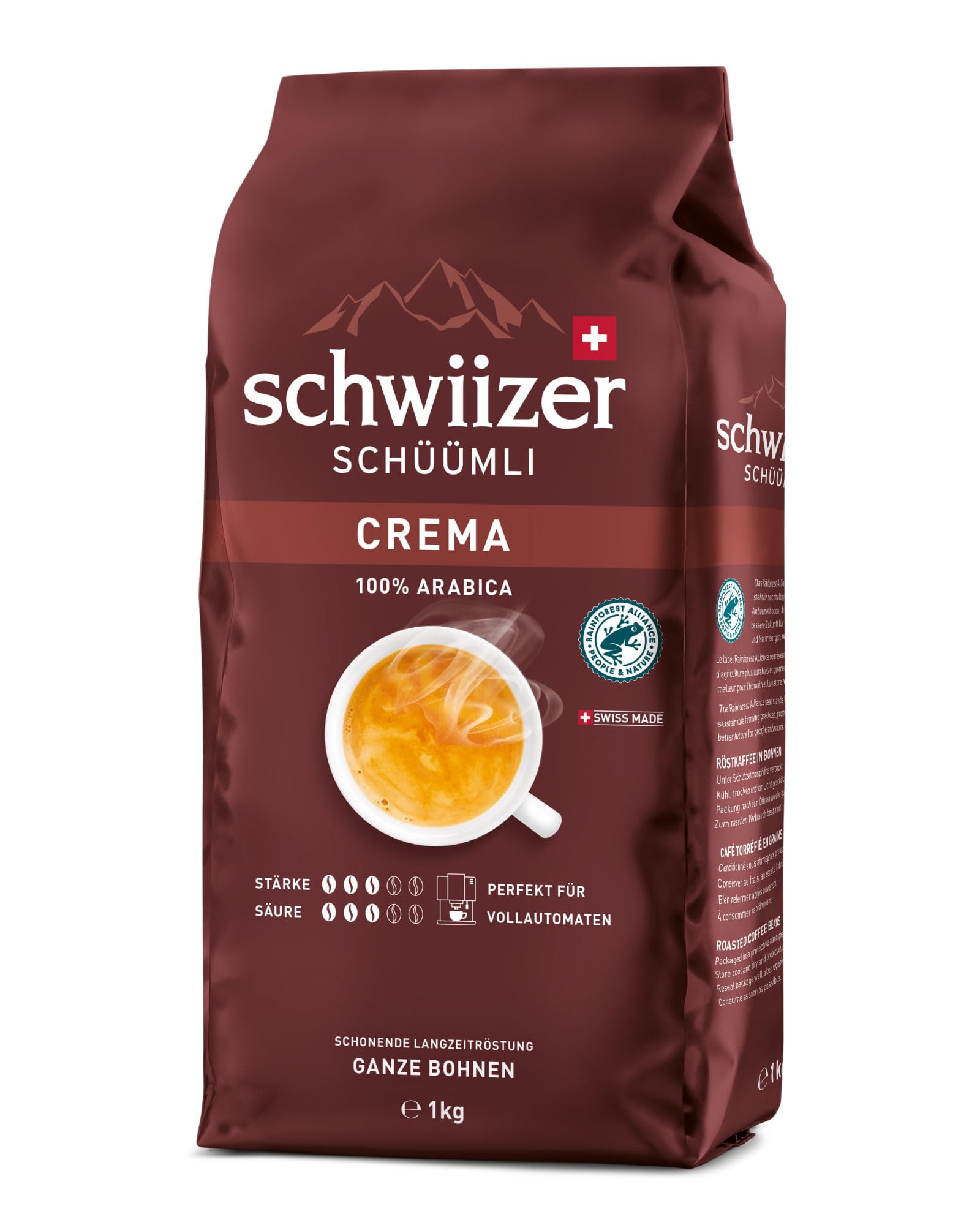 Schwiizer Schüümli Crema 100% Arabica Whole Coffee Beans, Medium Roast, 1kg 1