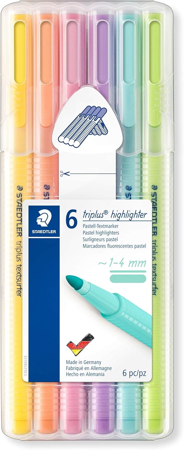 Staedtler triplus Highlighter, Ergonomic Triangular Shape, high Quality, Made in Germany, Set of 6 Pastel Colours, line Width 1-4 mm, 362 CSB6 1