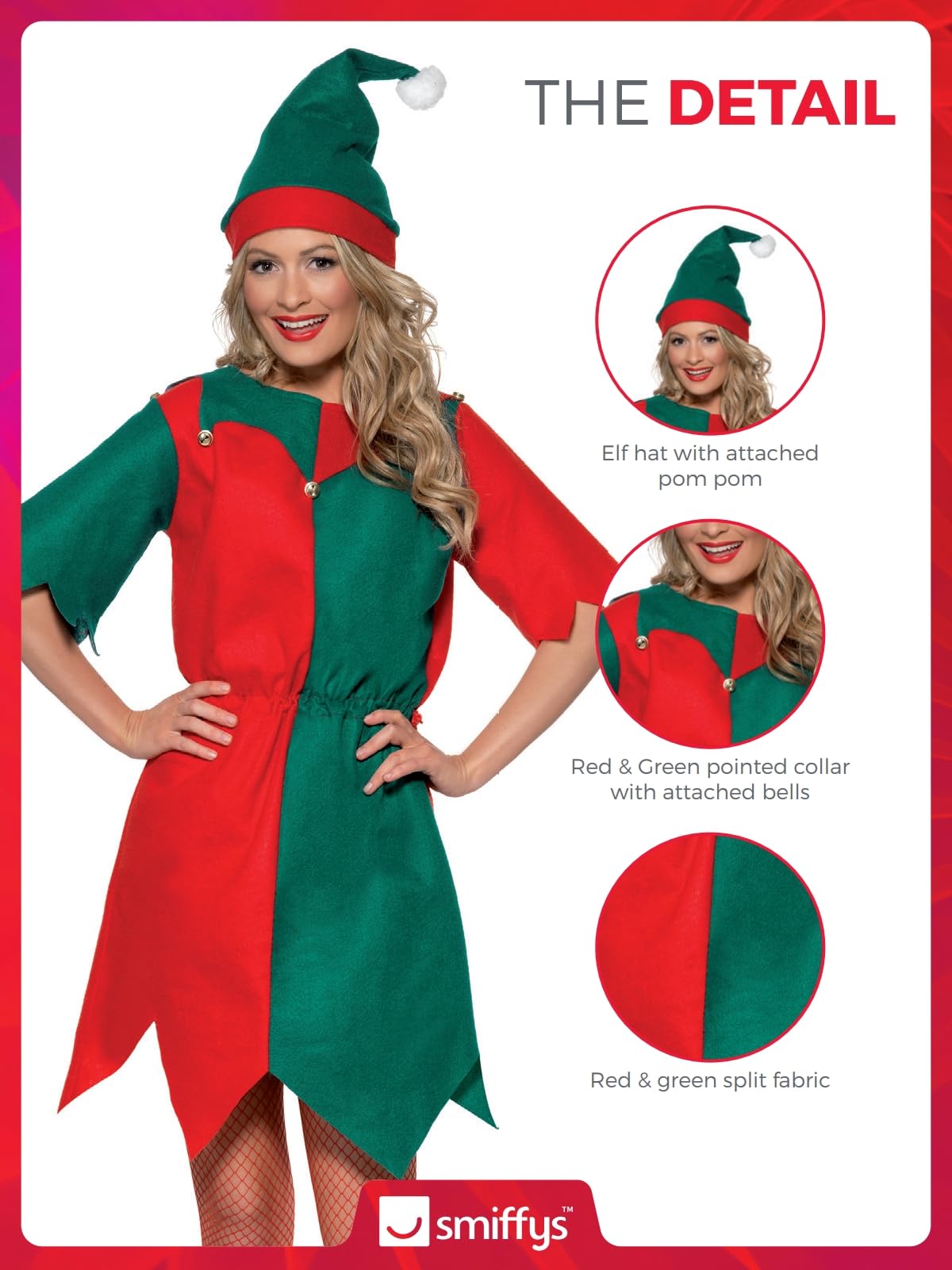 Smiffys Women's Elf Costume - Festive Holiday Tunic with Bells and Hat (Large) 5