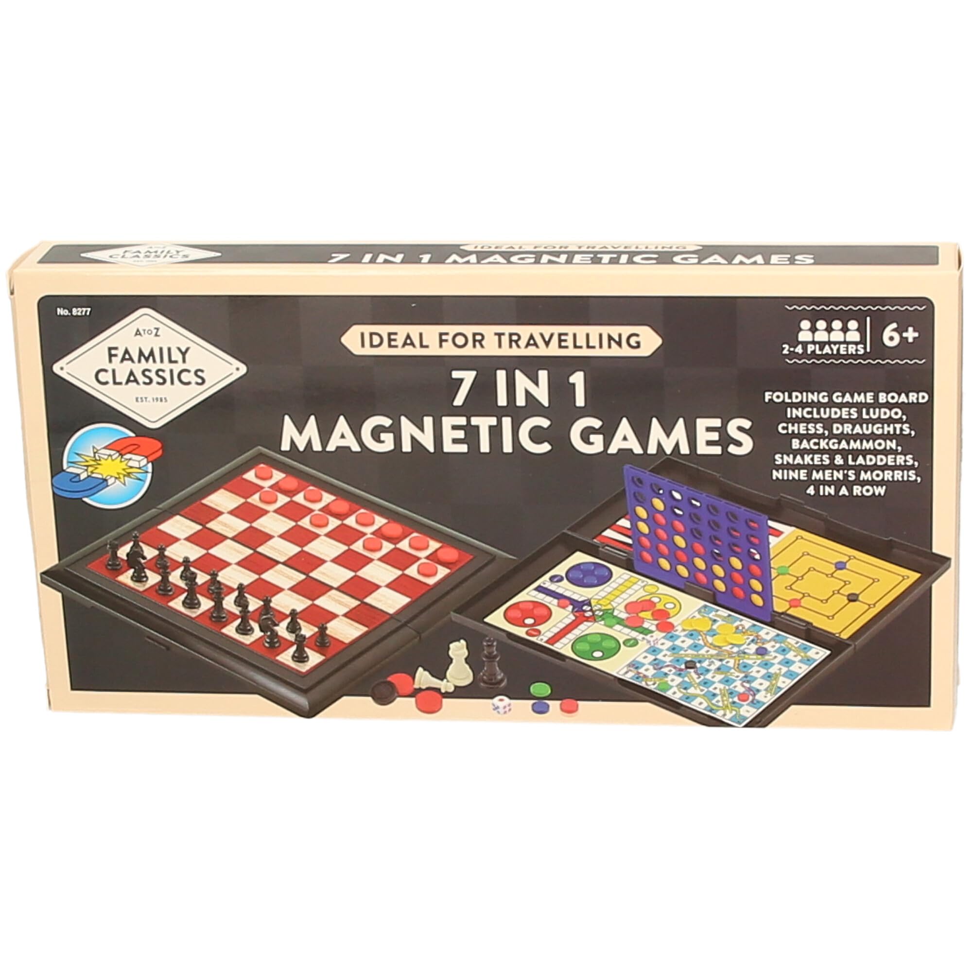 Atoz 7-in-1 Magnetic Travel Board Games Set - Chess, Draughts, Ludo, Snakes & Ladders, Backgammon, Nine Men's Morris, 4-in-a-Row | 2-4 Players | Ages 6+