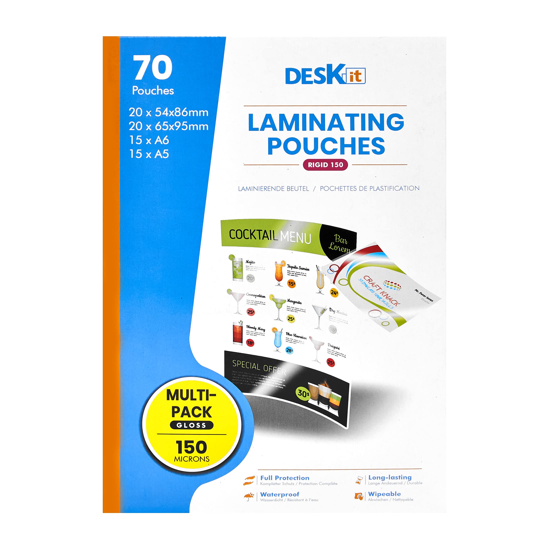 deskit Laminating Pouches - 150 Microns Glossy Multipack | A5, A6, 65x95mm, 54x86mm 1