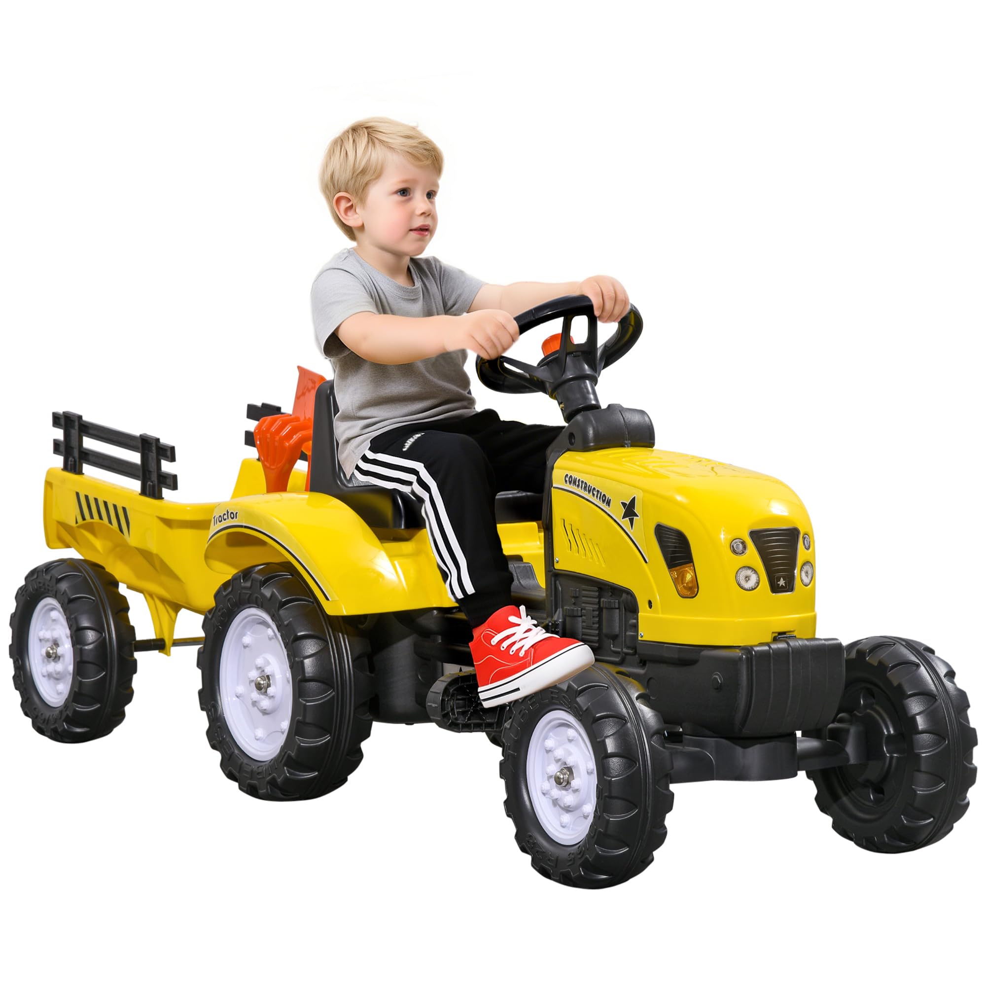 HOMCOM Kids Ride On Tractor with Trailer, Shovel & Rake | Manual Pedal Power | Ages 3+