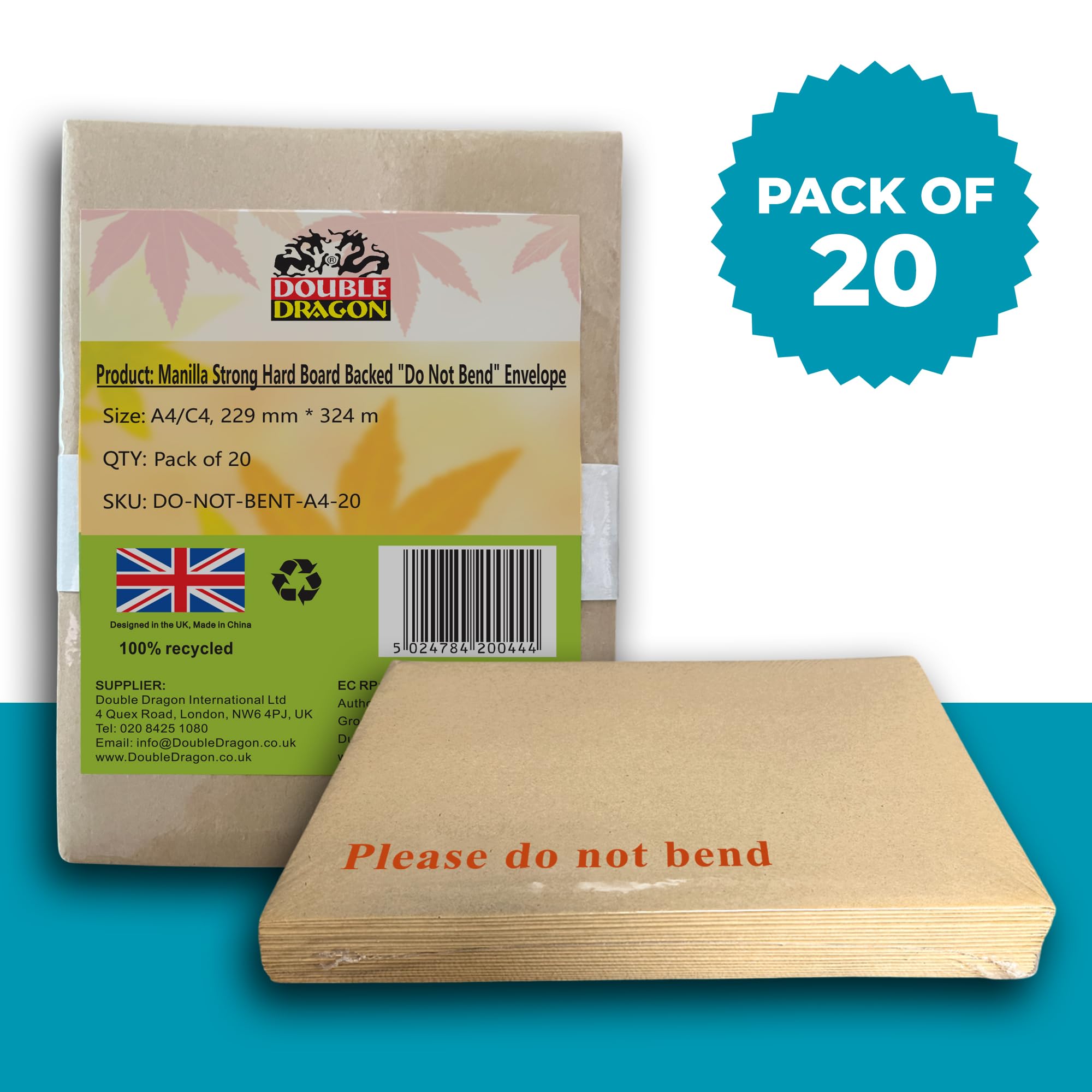 Double Dragon A4 C4 Hard Board Backed Envelopes - 20 Pack | 324mm x 229mm | Self-Seal 4