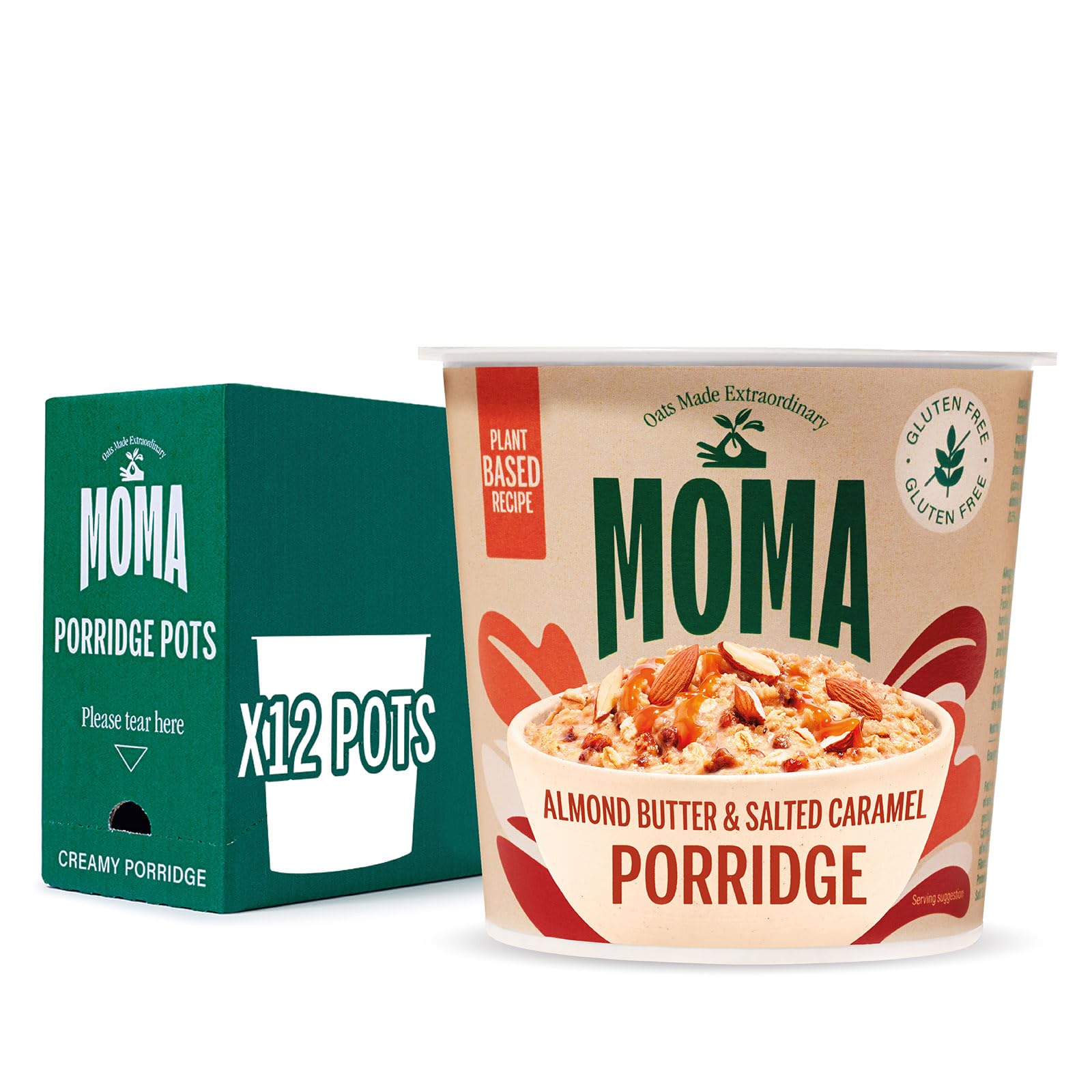 MOMA Instant-Porridge-Becher mit Mandelbutter und gesalzenem Karamell – Schachtel mit 12 x 55 g – Glutenfrei, vegan, ballaststoffreich