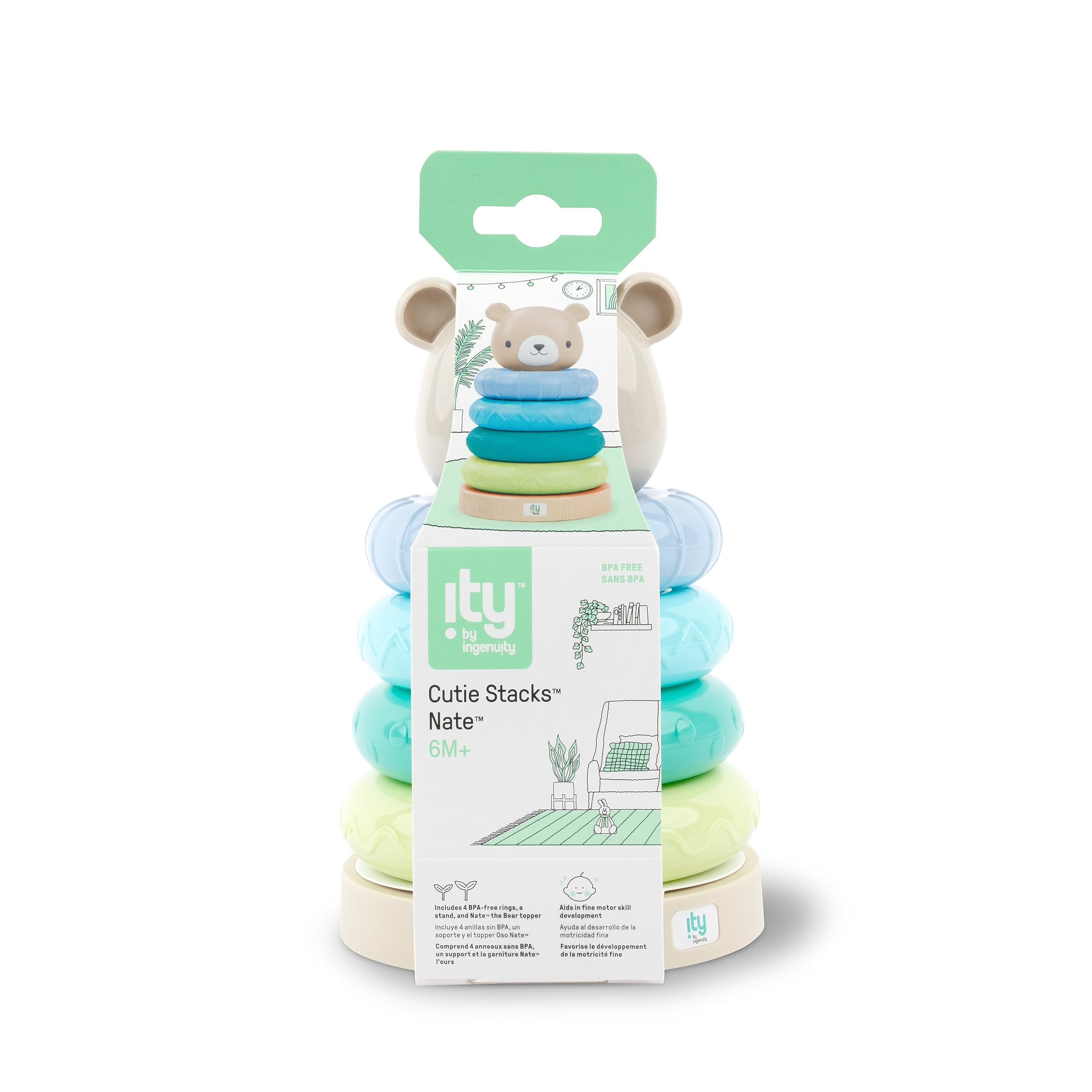 Ingenuity Cutie Stacks - Nate the Bear Stacking Toy for Ages 6 Months and Up