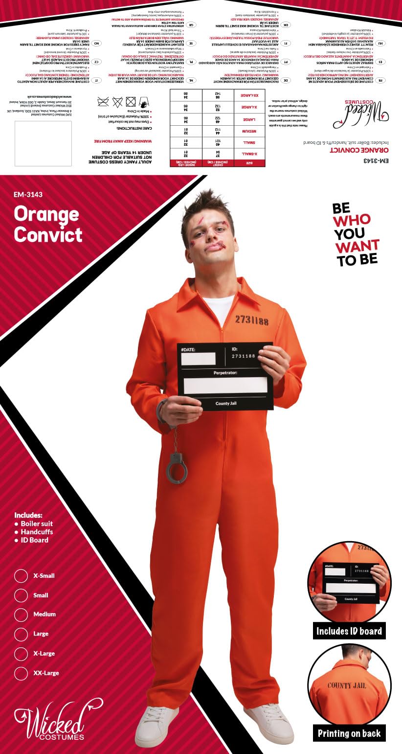 Wicked Costumes Men's Orange Convict Costume with Handcuffs & ID Board - Adult Fancy Dress 11