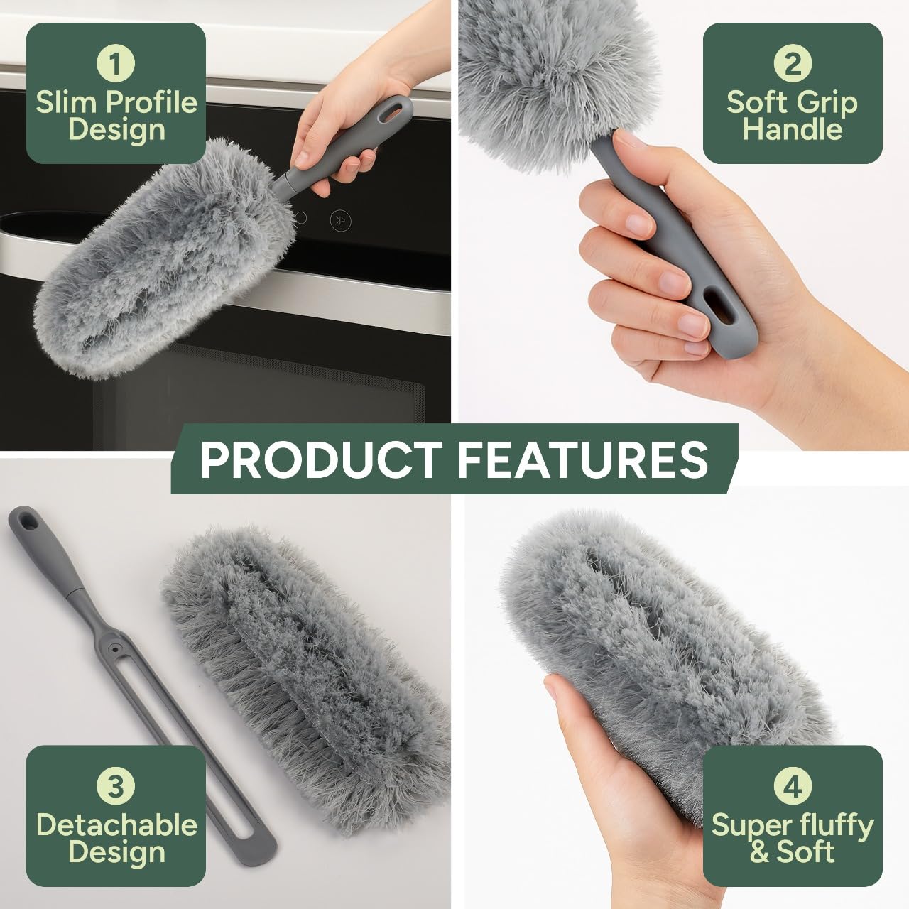 Zuvo Microfiber Duster - Detachable Washable Head | Soft Grip Handle | Grey, Size L 4