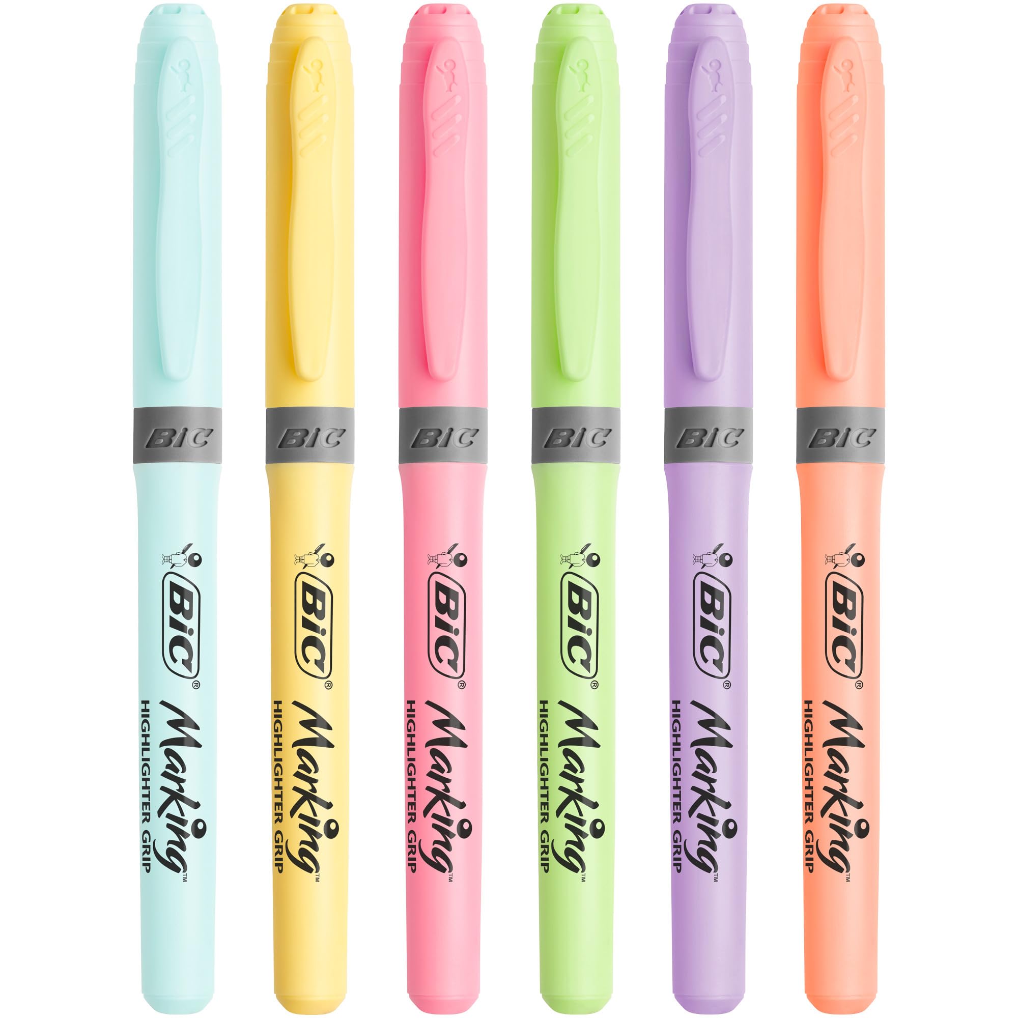 BIC Highlighter Grip Pastel Marker Pens - Adjustable Chisel Tip, Water-Based Ink | Pack of 6 6