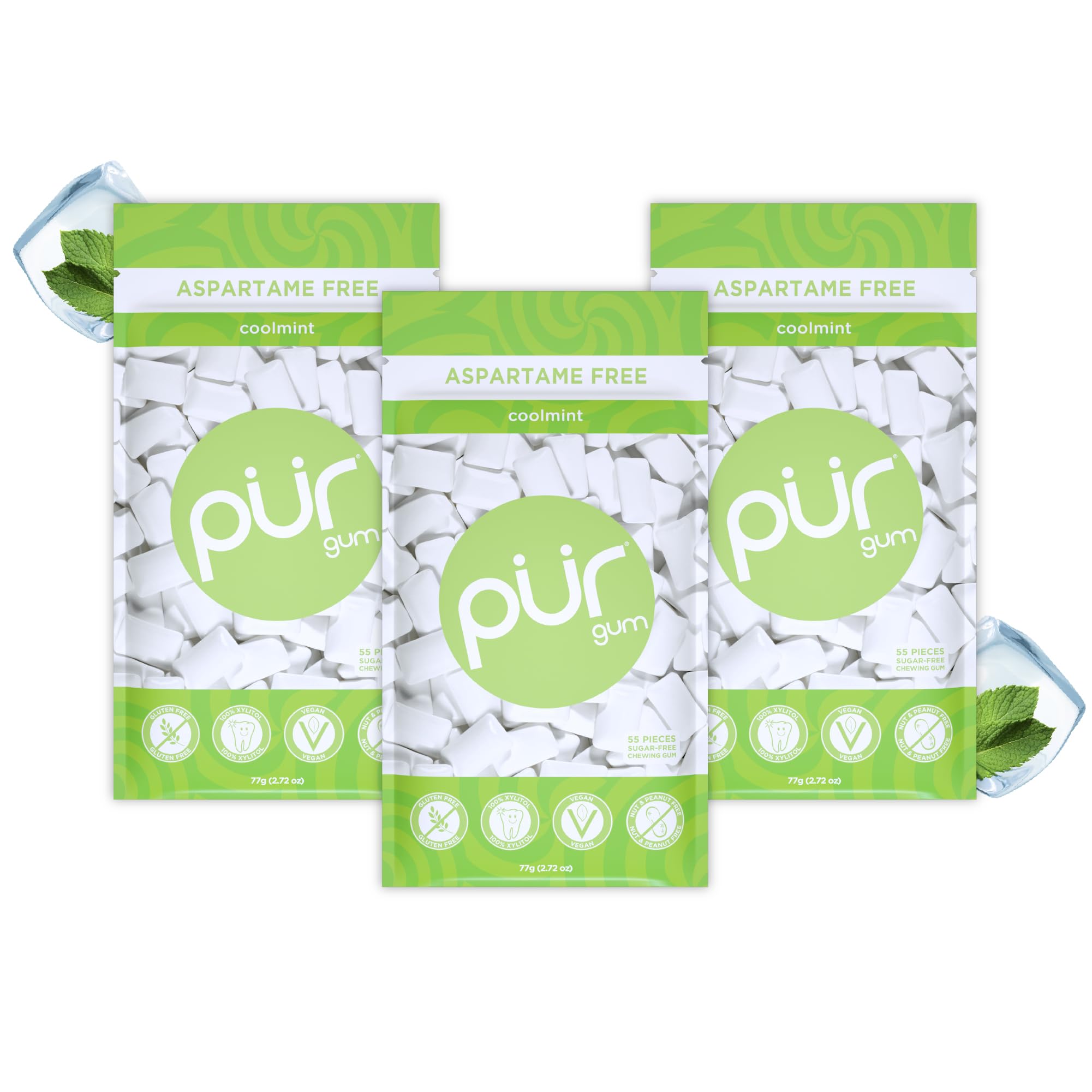 PUR Gum Sugar Free Chewing Gum - Natural Coolmint Flavor | Xylitol Sweetened | 55 Count (Pack of 3)