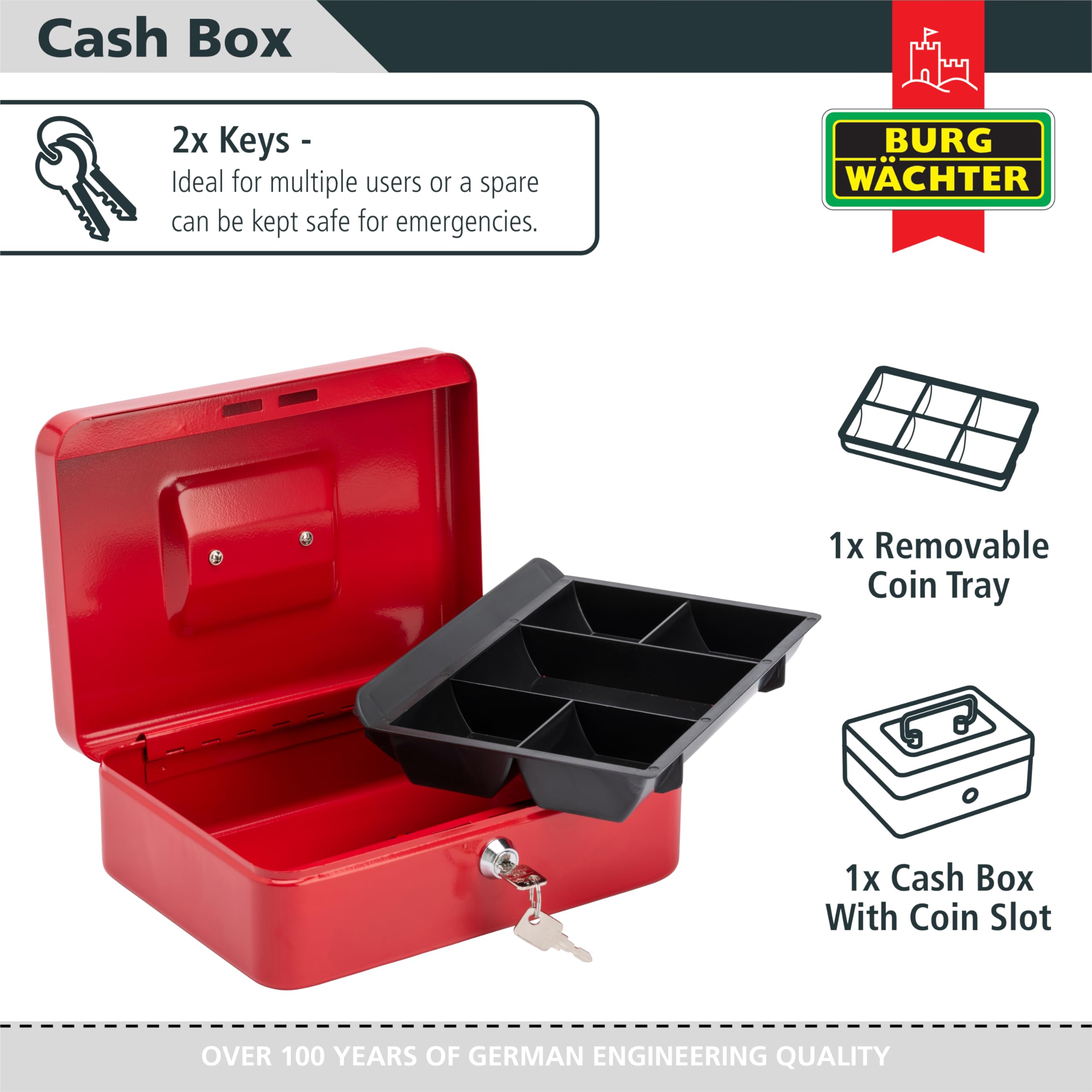 Burg-Wächter CB03R Cash Box - 10' Size | Key Lock | Red Metal Construction 6