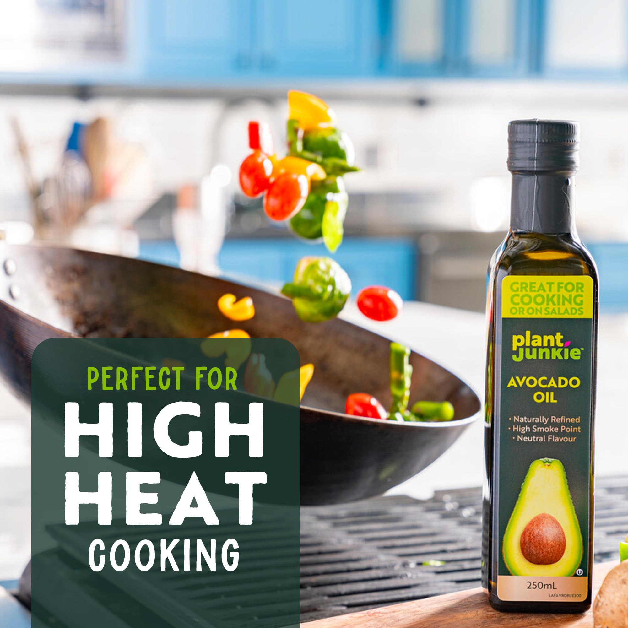 Plant Junkie Raffiniertes Avocadoöl – Speiseöl mit neutralem Geschmack zum Kochen bei hohen Temperaturen, Backen und für Dressings – 250-ml-Glasflasche
