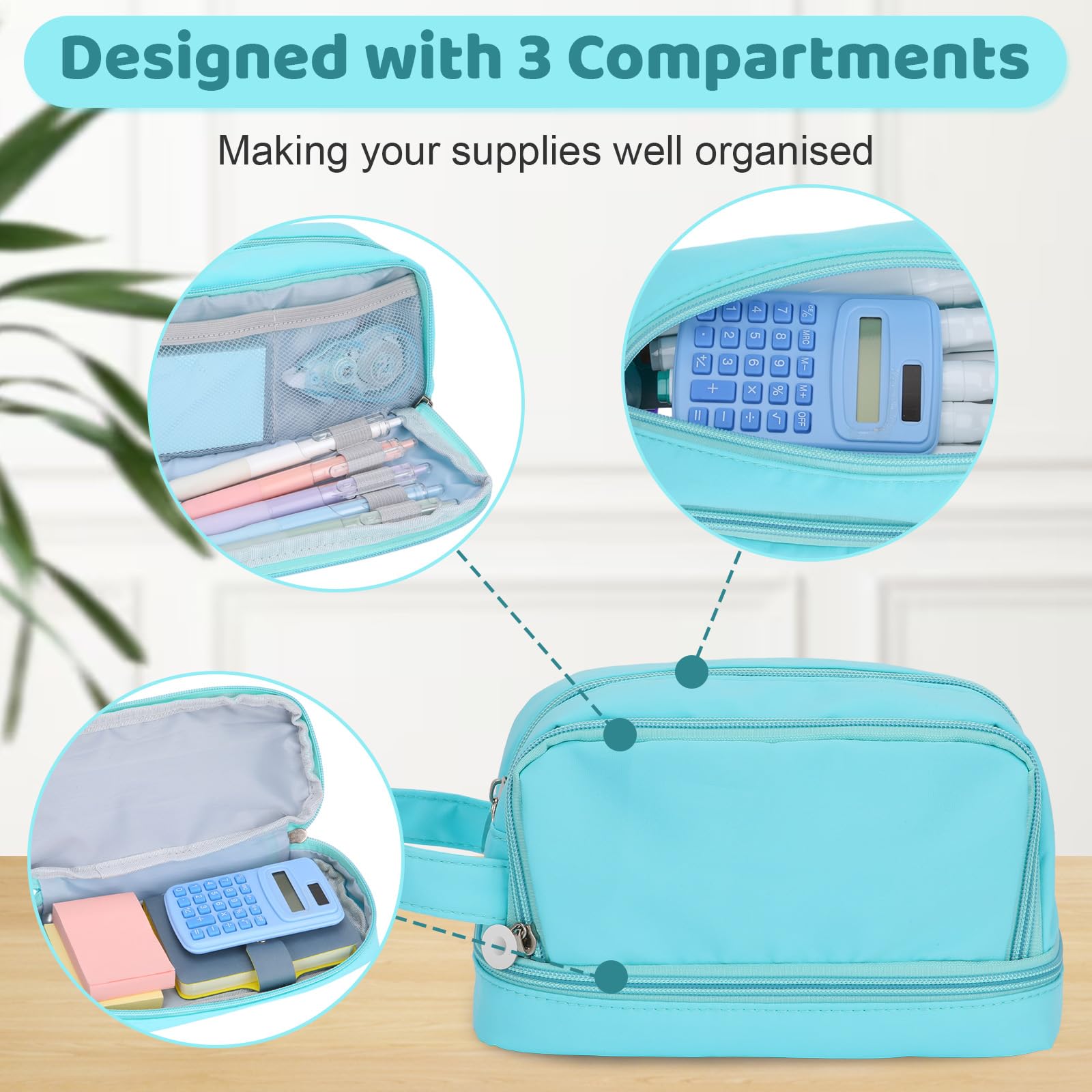 Alyvisun Large Capacity Pencil Case - 3 Compartments, Blue Canvas, Zipper Closure | Handle Strap 3