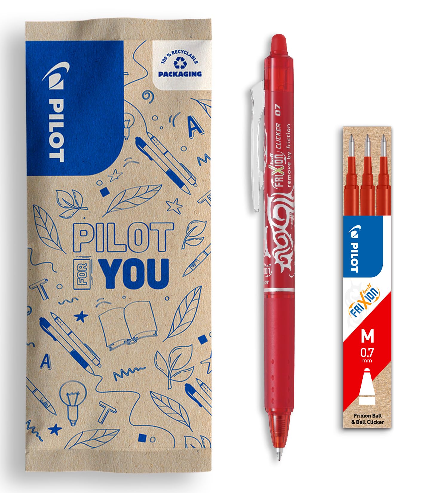PILOT FriXion Ball Clicker Erasable Gel Rollerball Pen Set - Medium 0.7mm Tip | 1 Red Pen, 3 Refills