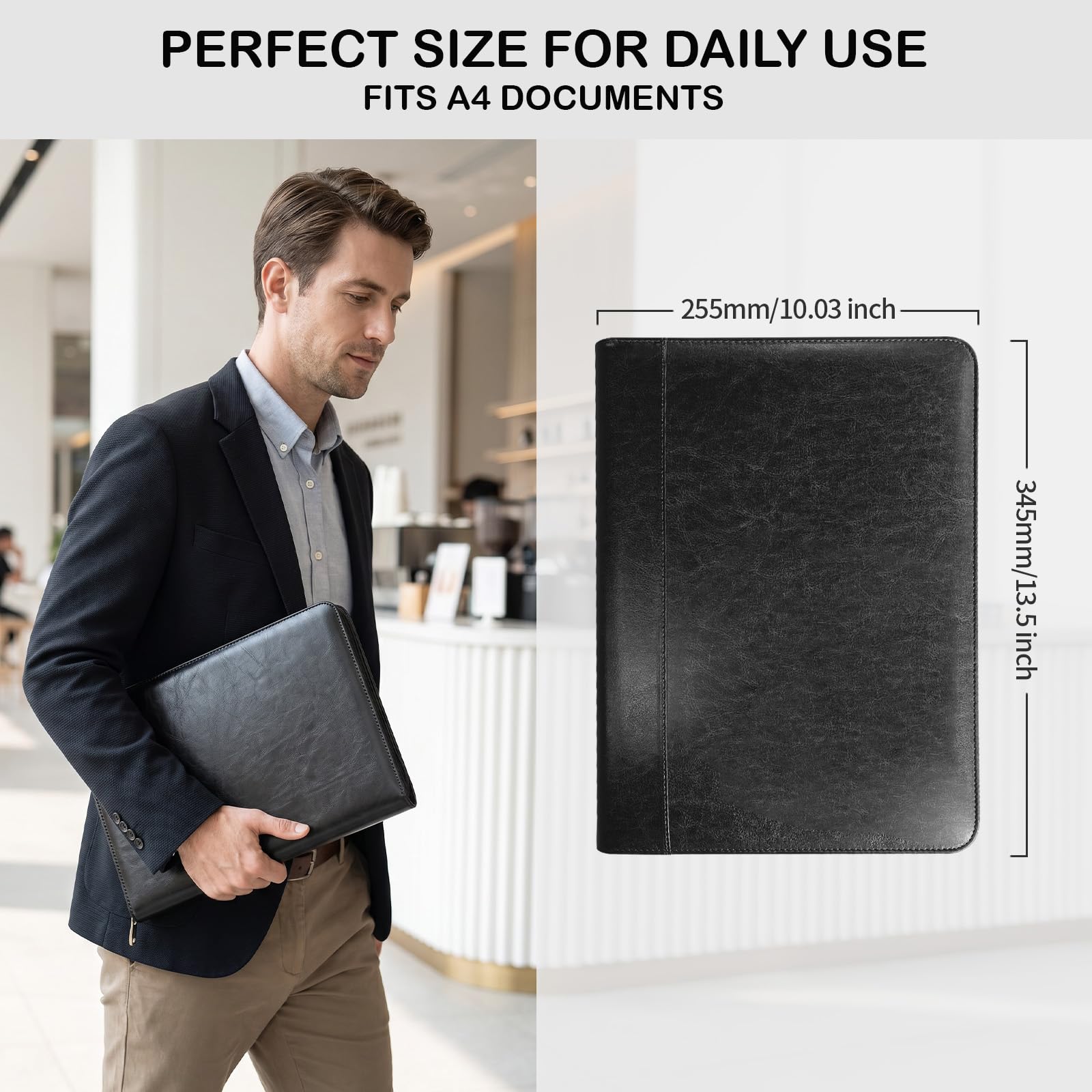 NEWYES A4 Zippered PU Leather Travel Portfolio - Black, Waterproof | 5 Card Slots, Pen Holder 7